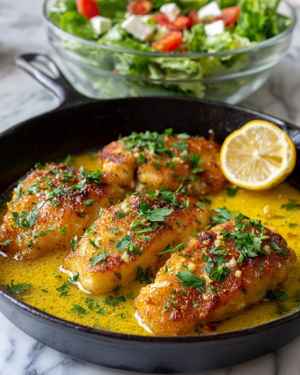 The image shows a black cast iron pan with four golden-brown cooked fillets topped with small green parsley pieces, sitting in a pool of melted butter or sauce with herbs. A halved lemon with a bright yellow color rests near the fillets inside the pan. In the background, there is a clear glass bowl filled with chunks of tomato, bright green bell pepper slices, dark olives, and soft white cheese, all sitting on a white marbled surface. Photo taken with an iphone --ar 4:5 --v 7