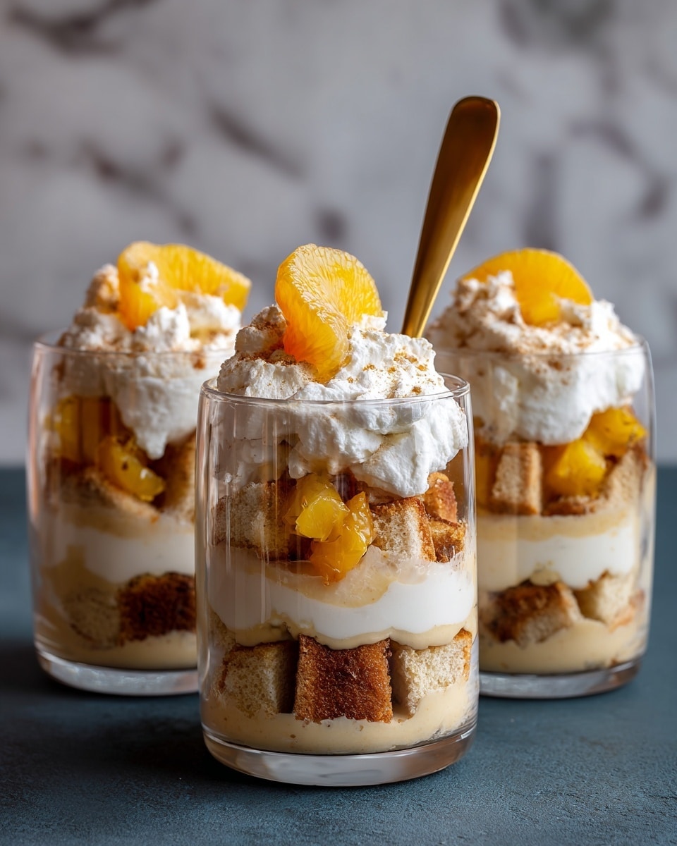 The image shows three clear glass cups filled with layered dessert placed on a dark surface with a white marbled background. Each cup has four layers: the bottom layer is a light beige creamy texture, followed by a layer of light brown cake pieces. The third layer is white whipped cream with pieces of orange fruit scattered on it. On top, there is a smooth light beige cream layer, and each cup is garnished with a slice of orange fruit. A gold spoon is placed inside the middle cup. Photo taken with an iphone --ar 4:5 --v 7