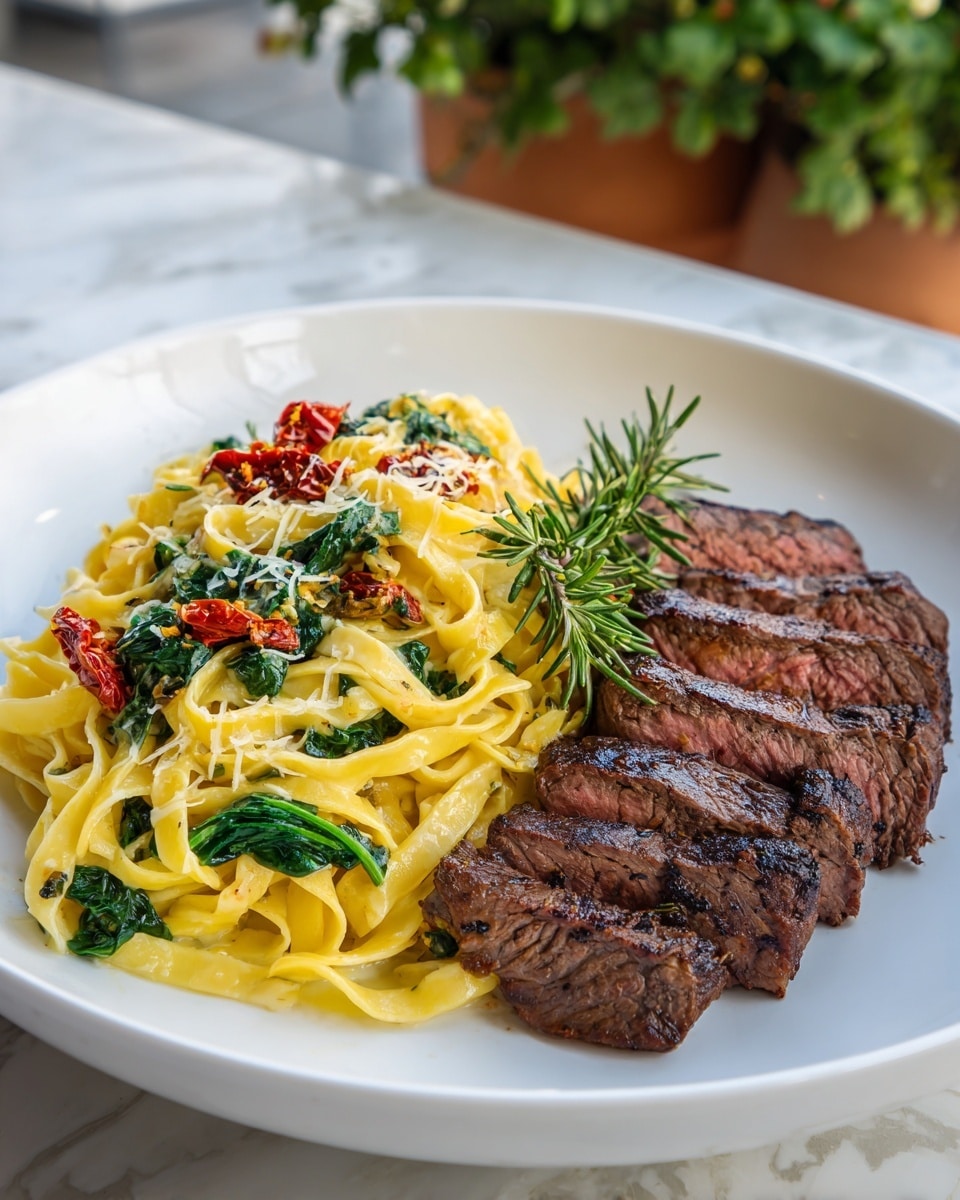 A white round plate shows two main parts: on the left, there is a heap of creamy yellow pasta mixed with green spinach leaves and small red pieces that look like sun-dried tomatoes, all topped with fine white grated cheese; on the right side, a grilled steak with a dark brown charred crust and a pinkish center, garnished with a small bunch of fresh green rosemary laid on top; the plate is placed on a white marbled surface with soft natural light coming from the back. photo taken with an iphone --ar 4:5 --v 7