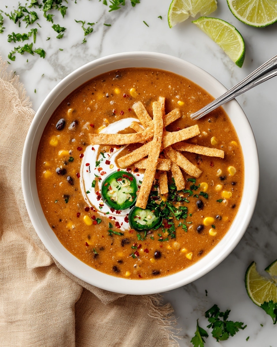 A white bowl filled with thick orange-brown soup that has visible bits of black beans and corn. On top, there is a swirl of white cream near the center, with thin crispy brown tortilla strips arranged over it. Two green jalapeno slices are placed on the right side of the bowl, and fresh chopped green cilantro is sprinkled on top. A silver spoon rests in the bowl on the left side. The bowl is set on a white marbled surface with a small beige napkin in the top left corner, a small white bowl of chopped cilantro at the top right, and a few lime wedges with scattered tortilla strips at the bottom right. Photo taken with an iphone --ar 4:5 --v 7