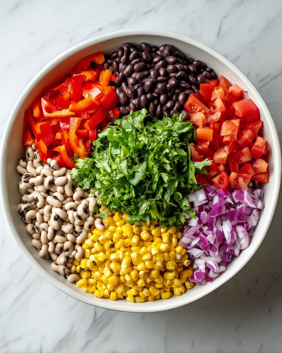 A large white bowl sits on a white marbled surface, filled with seven colorful layers arranged side by side in a circular pattern. Starting from the top left, there are bright red diced bell peppers, followed by shiny black beans with a smooth texture. In the center is a pile of fresh green cilantro leaves with a leafy texture. Below the cilantro are small, diced red tomatoes with juicy, soft textures. Next to the tomatoes is bright yellow corn with a smooth, plump look, followed by finely chopped purple-red onions with a crisp texture. Lastly, on the bottom left, there are light tan black-eyed peas with black spots and a smooth, round shape. The layers are distinct, vibrant, and evenly spaced. Photo taken with an iphone --ar 4:5 --v 7