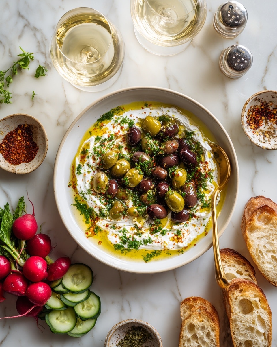 The dish is served in a white bowl with a thick base layer of smooth white cream or yogurt spread evenly. On top, there is a mix of green and dark olives, scattered with some fresh chopped green herbs and a light drizzle of golden olive oil around them. A silver spoon rests inside the bowl on the right side. Around the bowl, there are toasted white bread slices with a golden-brown crust arranged loosely on a white marbled surface. In the background, there are fresh red radishes with green tops, sliced cucumbers, and some glass jars with spice labels visible. The overall tone is fresh, colorful, and inviting, with natural light highlighting textures and colors. Photo taken with an iphone --ar 4:5 --v 7
