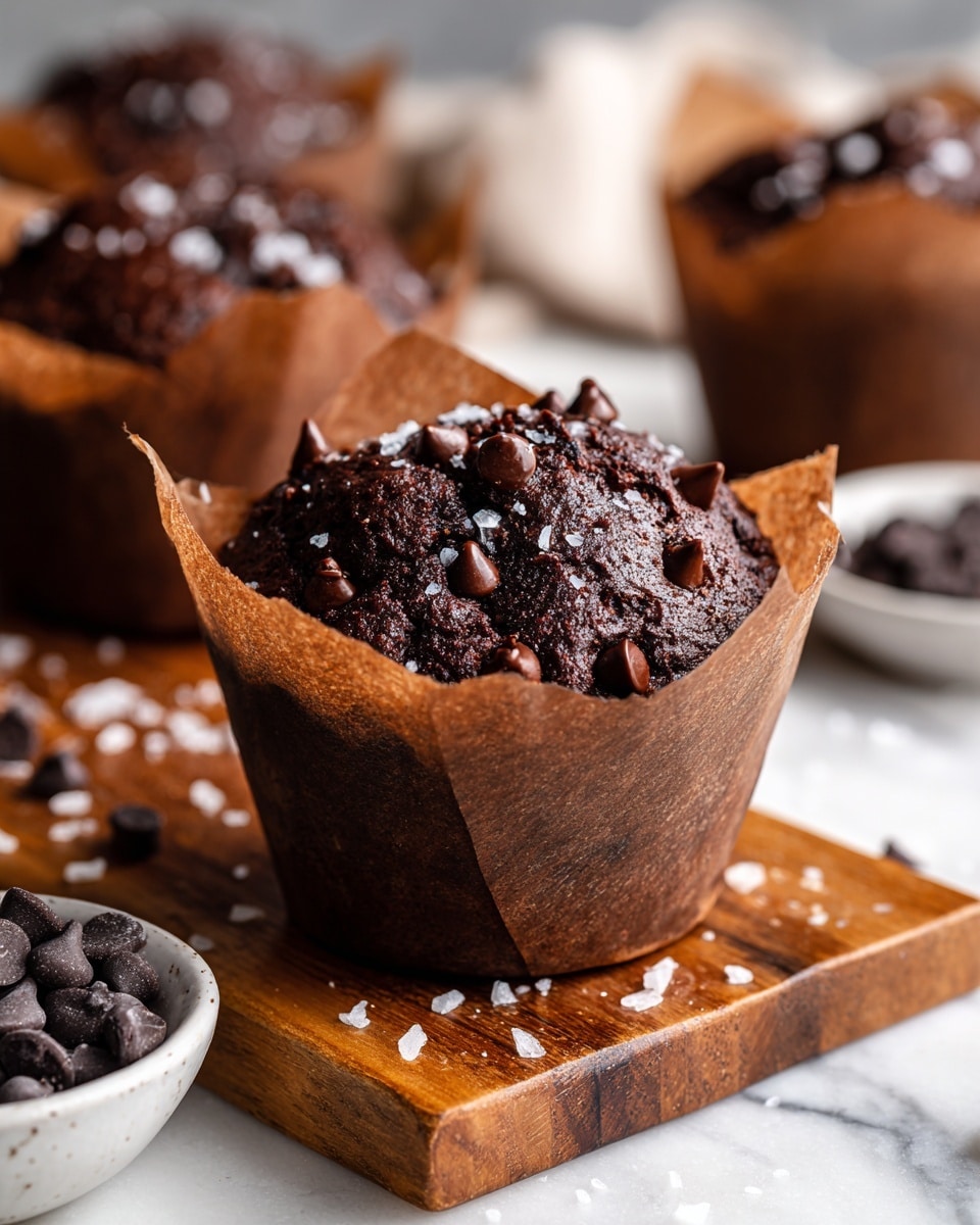 The image shows a close-up of a dark brown chocolate muffin with a rich texture, topped with scattered, semi-melted chocolate chips and small flakes of white sea salt, all wrapped in light brown parchment paper that folds outward in a star shape. The muffin sits on a wooden cutting board with a slightly rough grain pattern, surrounded by scattered chocolate chips and salt flakes. In the background, there are more muffins with the same look and parchment paper wrapping, and a small white bowl filled with chocolate chips resting near the bottom left corner on a white marbled surface. The photo is softly lit with a shallow depth of field, making the foreground muffin the main focus. photo taken with an iphone --ar 4:5 --v 7