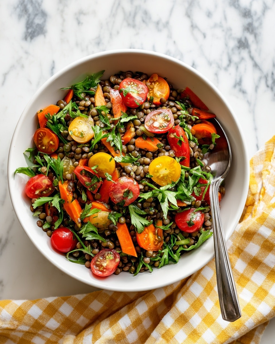 The image shows a white bowl filled with a colorful salad layered with green lentils as the base, mixed with chopped bright orange carrots and halved red cherry tomatoes scattered throughout. Fresh green parsley leaves are sprinkled on top, adding a fresh touch. A silver spoon is inside the bowl on the right side. The bowl sits on a white marbled surface with a yellow and white checkered cloth nearby. Photo taken with an iphone --ar 4:5 --v 7
