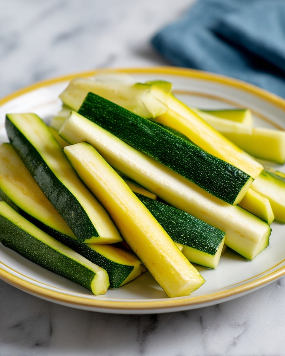 The image shows several long, thin, green and pale yellow slices of zucchini arranged loosely on a white plate with a yellow rim. The zucchini pieces have a smooth, slightly glossy texture and are cut into sticks of different lengths, some showing the darker green skin side while others show the lighter interior. The background features a white marbled surface with a blurred blue cloth and a white measuring spoon with black markings in the back. photo taken with an iphone --ar 4:5 --v 7