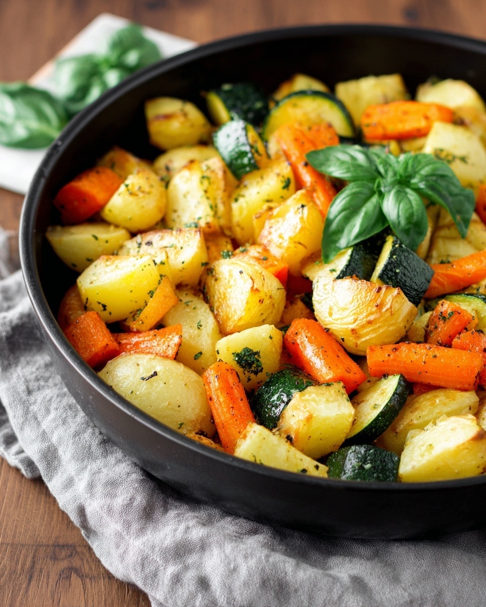 The image shows a black pan filled with roasted vegetables on a wooden table with a gray cloth partly visible under the pan. The vegetables are cut into chunky pieces and include light golden yellow potatoes, bright orange carrots, and deep green zucchini with lighter green flesh. The vegetables are sprinkled with herbs, giving them a slightly speckled look. On top, there is a small bunch of fresh green basil leaves for garnish. The surface under the pan is a white marbled texture. photo taken with an iphone --ar 4:5 --v 7