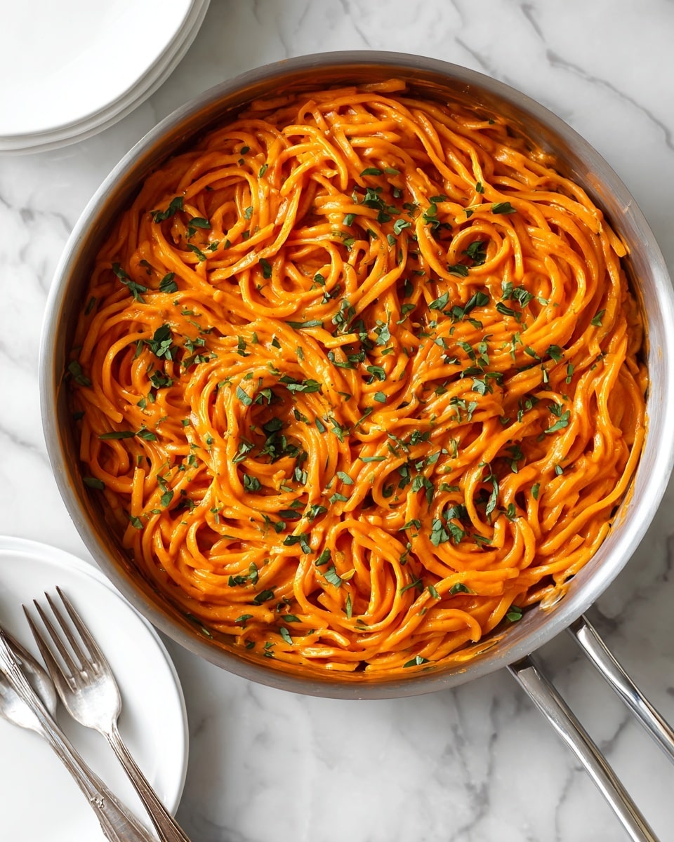 The image shows a round, shiny stainless steel pan filled with creamy orange pasta sauce coating long, flat fettuccine noodles, with small bits of green herbs sprinkled on top for color. The pan sits on a brown wooden table next to a clean white plate and two silver forks crossing each other. The pasta looks smooth and rich with well-mixed sauce, giving it a shiny, soft texture. The background surface is a white marbled texture. photo taken with an iphone --ar 4:5 --v 7