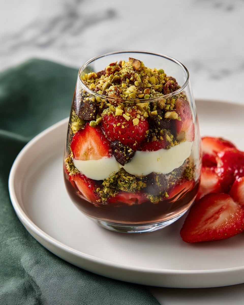 A clear glass cup on a white plate holds a layered dessert on a white marbled surface. The bottom layer is made of red strawberry slices pressed against the glass, followed by a smooth dark chocolate layer with some chocolate dripping slightly down the sides. Above the chocolate is a light green crumbly layer mixed with fine shredded pieces, and this green crumb layer also tops the dessert. Two whole strawberries, one sliced in half, rest on the plate beside the glass. Photo taken with an iphone --ar 4:5 --v 7