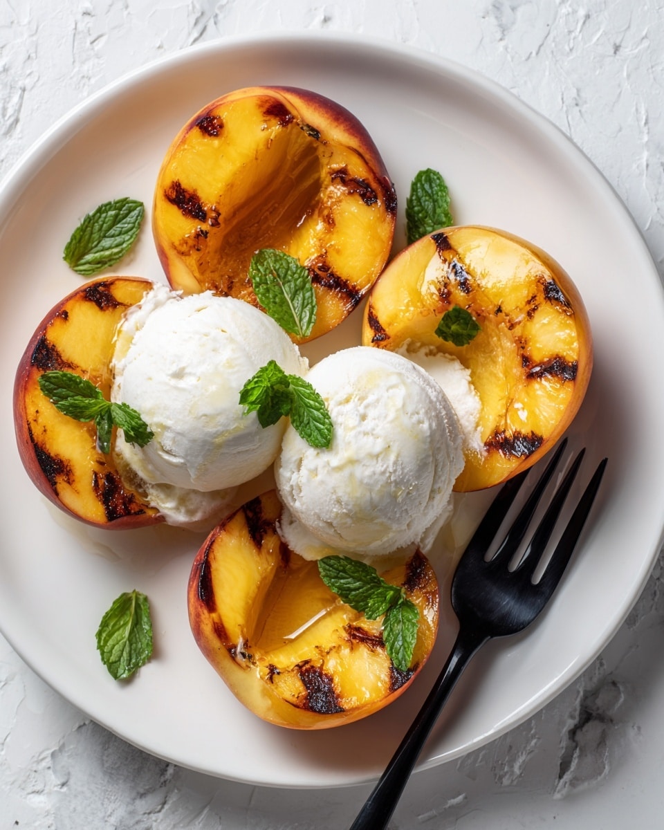 A white plate is filled with four peach halves, each one golden brown and slightly caramelized on top, placed evenly around three smooth, white scoops of ice cream in the center. Fresh green mint leaves are scattered on top of and around the peaches, adding a pop of color. A black fork rests next to the ice cream on the plate, which sits on a white marbled surface. Photo taken with an iphone --ar 4:5 --v 7