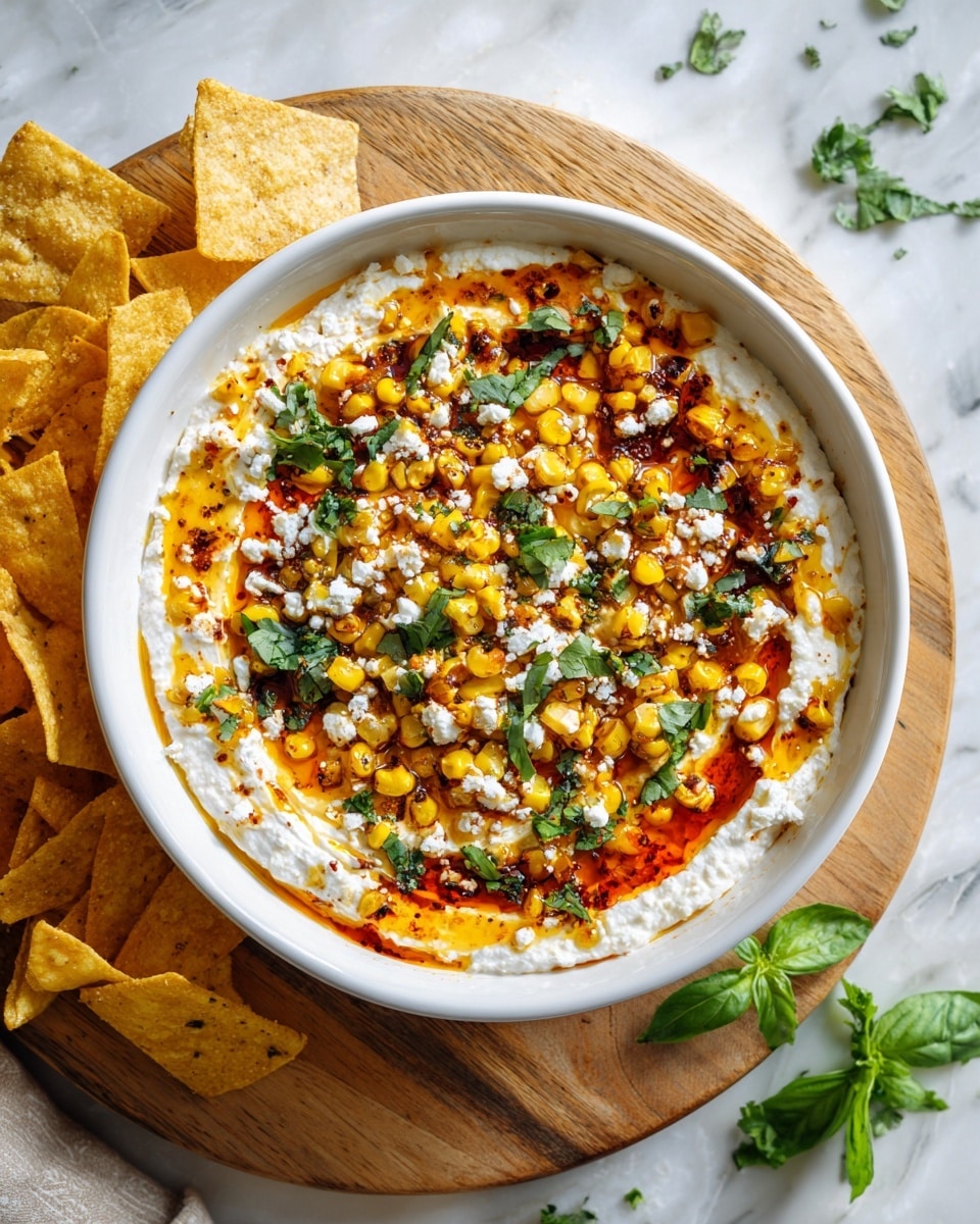A bowl filled with three main layers: the bottom layer is thick, creamy white dip, the middle layer is grilled corn pieces with char marks showing orange and black details, and the top layer is bright green fresh cilantro leaves sprinkled with white crumbled cheese. The bowl is white with a delicate dark rim and sits on a wooden board, which has some golden tortilla chips and fresh basil leaves around it on a white marbled surface. Photo taken with an iphone --ar 4:5 --v 7