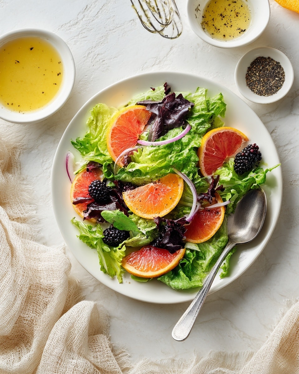 A white plate holds a fresh salad layered with large green leafy lettuce on top. Under the lettuce, there are thick orange slices and a large pink grapefruit slice at the bottom. Blackberries are scattered across the salad, adding a dark purple color. Thinly sliced avocado and thin rings of red onion are also visible tucked between the leaves and fruit. A silver spoon rests inside the salad on the right side. The plate is placed on a white marbled surface, alongside another similar plate partially visible on the left and a small white bowl with a whisk and light-colored dressing on the right. A beige cloth napkin is folded underneath part of the main plate. The salad ingredients look fresh with small specks of black pepper sprinkled over them photo taken with an iphone --ar 4:5 --v 7