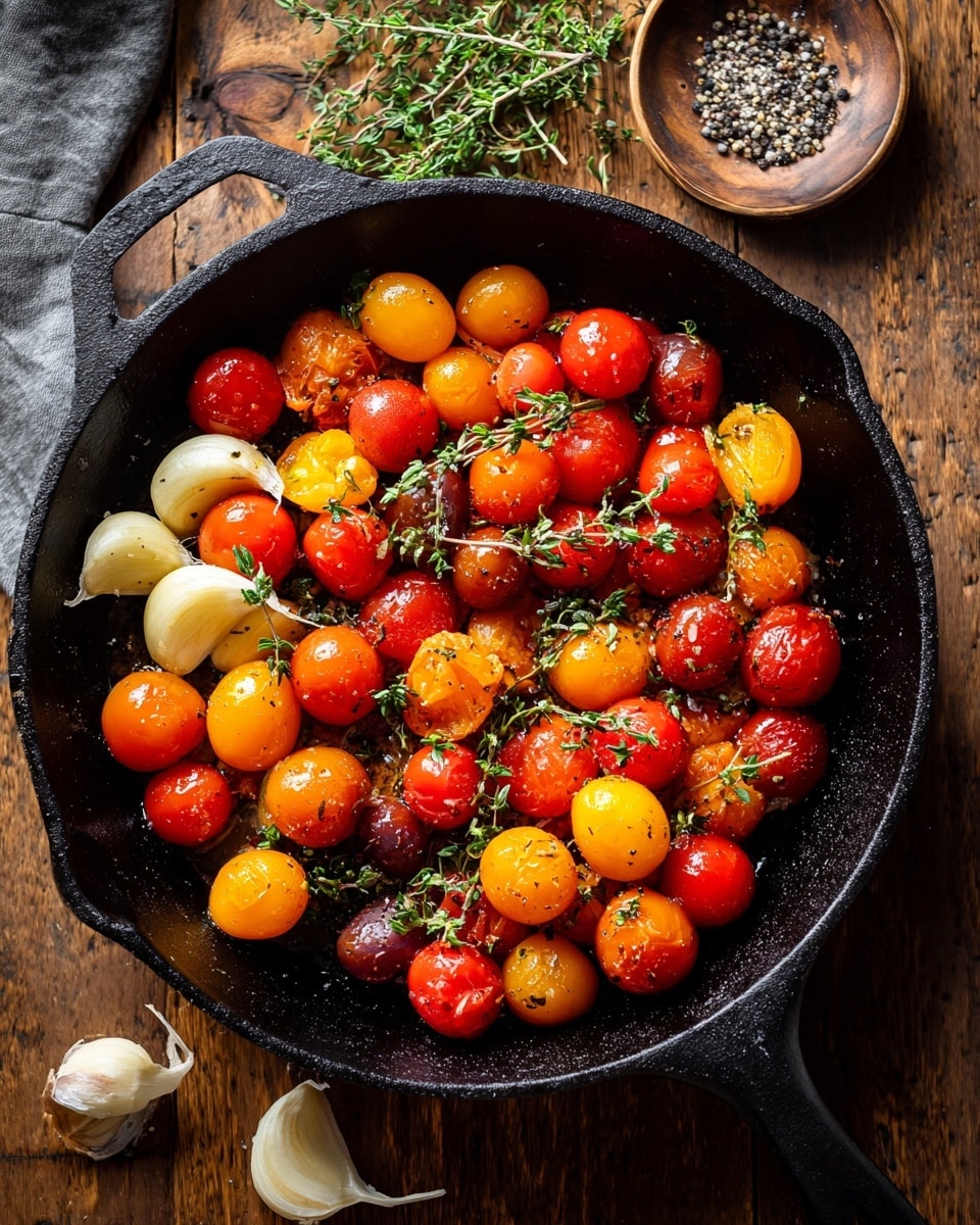 A black cast iron pan holds a mixture of small round and oval tomatoes in shades of red, orange, and yellow, scattered around the pan. There are several peeled garlic cloves with their papery skins still attached resting on the left side, while sprigs of fresh green thyme are spread throughout the tomatoes. The pan sits on a wooden surface with a small bowl of coarse black pepper visible at the top right corner. The lighting softly highlights the shiny tomato skins and the textures of garlic and herbs. Photo taken with an iphone --ar 4:5 --v 7