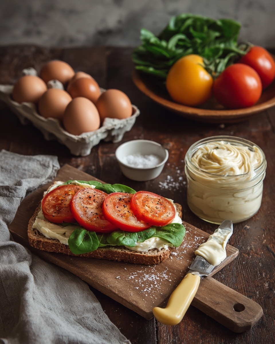 A wooden cutting board holds an open sandwich base of whole grain bread layered with green leafy lettuce and three bright red tomato slices sprinkled with black pepper. To the right is a glass jar filled with creamy, pale yellow mayo with a swirl on top, accompanied by a butter knife with a yellow handle resting on the board, smeared with mayo. Behind the board, a small white bowl of coarse salt is placed near a wrinkled gray cloth on a dark wood table. In the background, a carton of six brown eggs, three large tomatoes, and a bowl of fresh green leaves sit on the same dark tabletop with a round wooden tray holding a yellow and red tomato. The surface is a white marbled texture. photo taken with an iphone --ar 4:5 --v 7