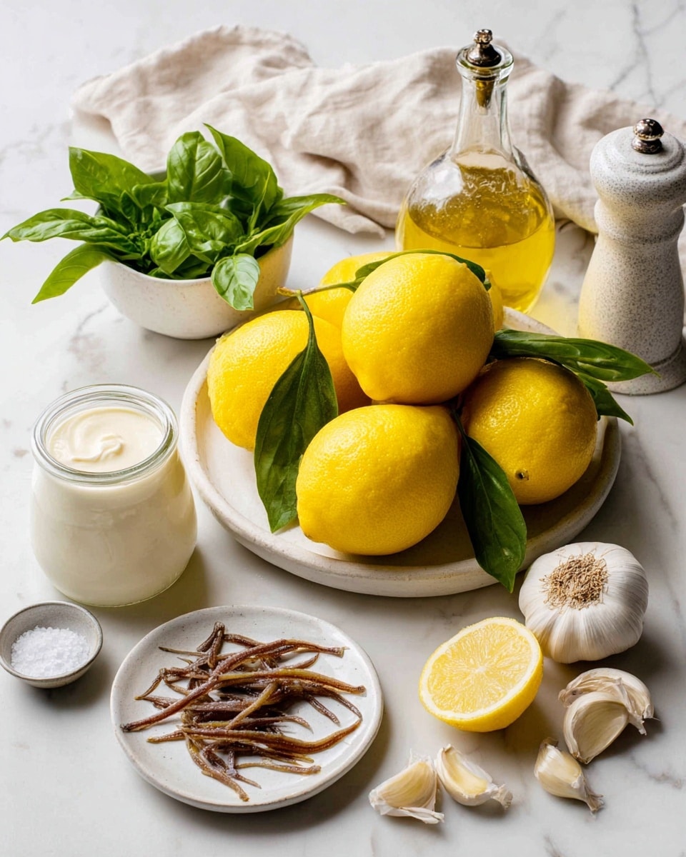 A white plate holds six bright yellow lemons with green leaves attached, placed on a white marbled surface. Below and to the left, a smaller white plate is filled with thin brown anchovy strips. To the left of it, a white bowl is full of fresh, green basil leaves. A clear glass bottle filled halfway with golden olive oil is near the lemons, and a small white dish with coarse white salt sits near the basil. A metal pepper grinder stands between the lemons and a jar of thick white mayonnaise with its lid removed, showing smooth texture. A garlic bulb and several loose cloves are scattered to the right of the mayonnaise, while two lemon halves lie at the bottom left. A beige linen cloth softly folds in the upper background. Photo taken with an iphone --ar 4:5 --v 7