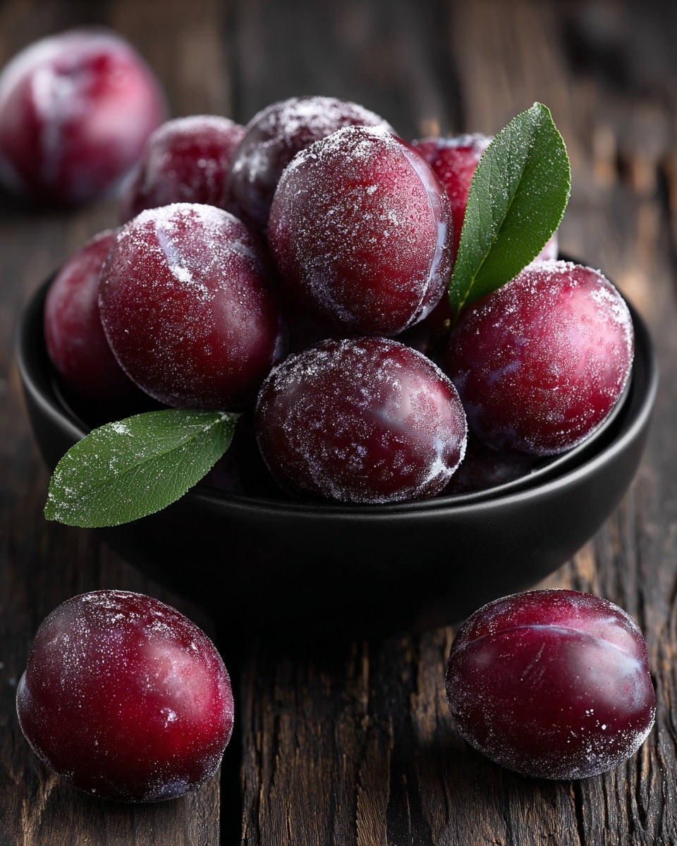 A black bowl filled with nine deep red plums, each plum showing a natural frosty white coating, sits on a dark wooden surface with a rustic look. Three dark green leaves rest inside the bowl among the plums, adding a fresh touch. Outside the bowl, five more plums are scattered around on the wood. The lighting softly highlights the shiny, smooth texture of the plums' skin, with some gentle shadows on the bowl and fruit. The overall scene feels natural and fresh. Photo taken with an iphone --ar 4:5 --v 7