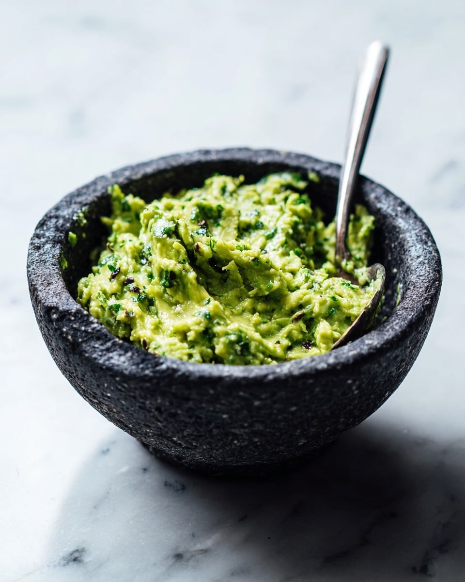 A rough black stone bowl filled with a thick, chunky green avocado mixture. The avocado has small bits of darker green herbs mixed in, giving it a slightly uneven texture. A silver spoon is partially inside the bowl, resting against the edge, and the bowl sits on a white marbled surface. The background is softly blurred, focusing attention on the bowl and its contents. photo taken with an iphone --ar 4:5 --v 7