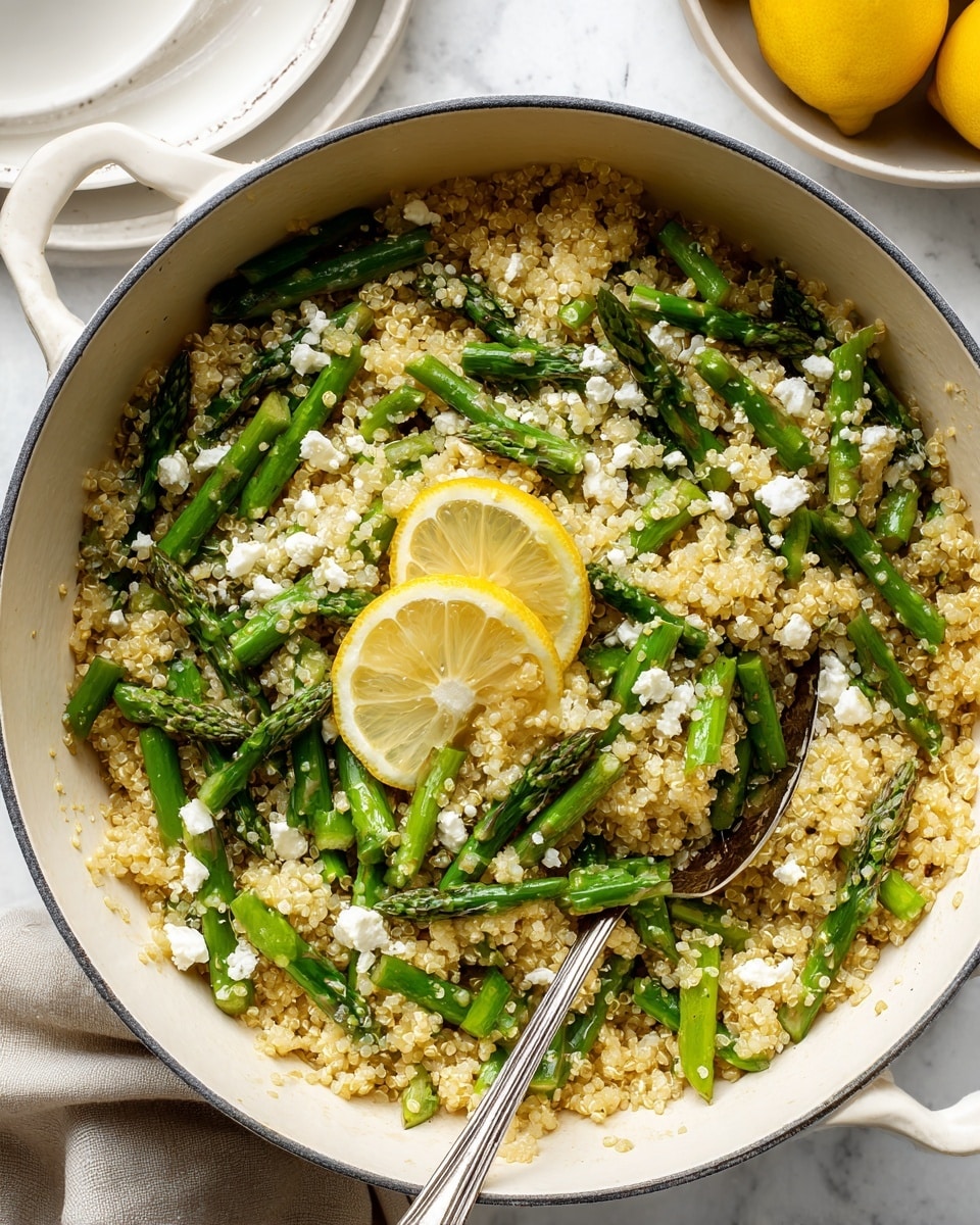 A white pan filled with a dish of light golden quinoa mixed with bright green asparagus pieces scattered evenly throughout. Small white crumbles of cheese are sprinkled on top, adding a soft texture contrast. Two thin lemon slices rest in the center, adding a fresh yellow accent. The pan sits on a white marbled surface, with a silver serving spoon partially dipped into the food on the right side of the pan. Photo taken with an iphone --ar 4:5 --v 7