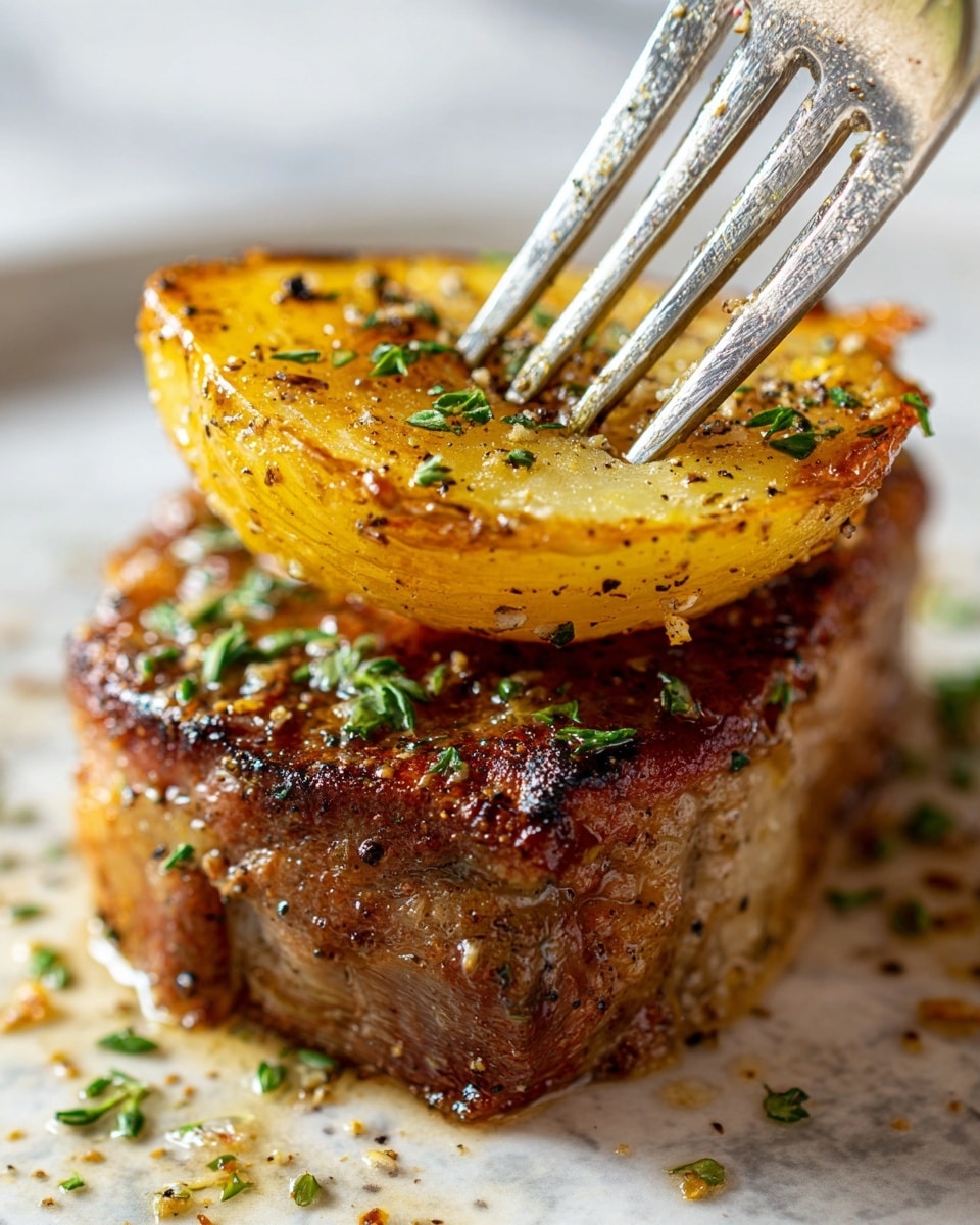 A close-up of a silver fork holding two layers of food against a white marbled texture background: the bottom layer is a thick, grilled piece of meat with a browned and slightly crispy surface, garnished with small green herbs; the top layer is a golden, roasted potato half with a crispy crust, pierced by the fork's four prongs and sprinkled with black pepper and small herb bits; the entire scene is well-lit, highlighting the textures and colors of the meat and potato. photo taken with an iphone --ar 4:5 --v 7