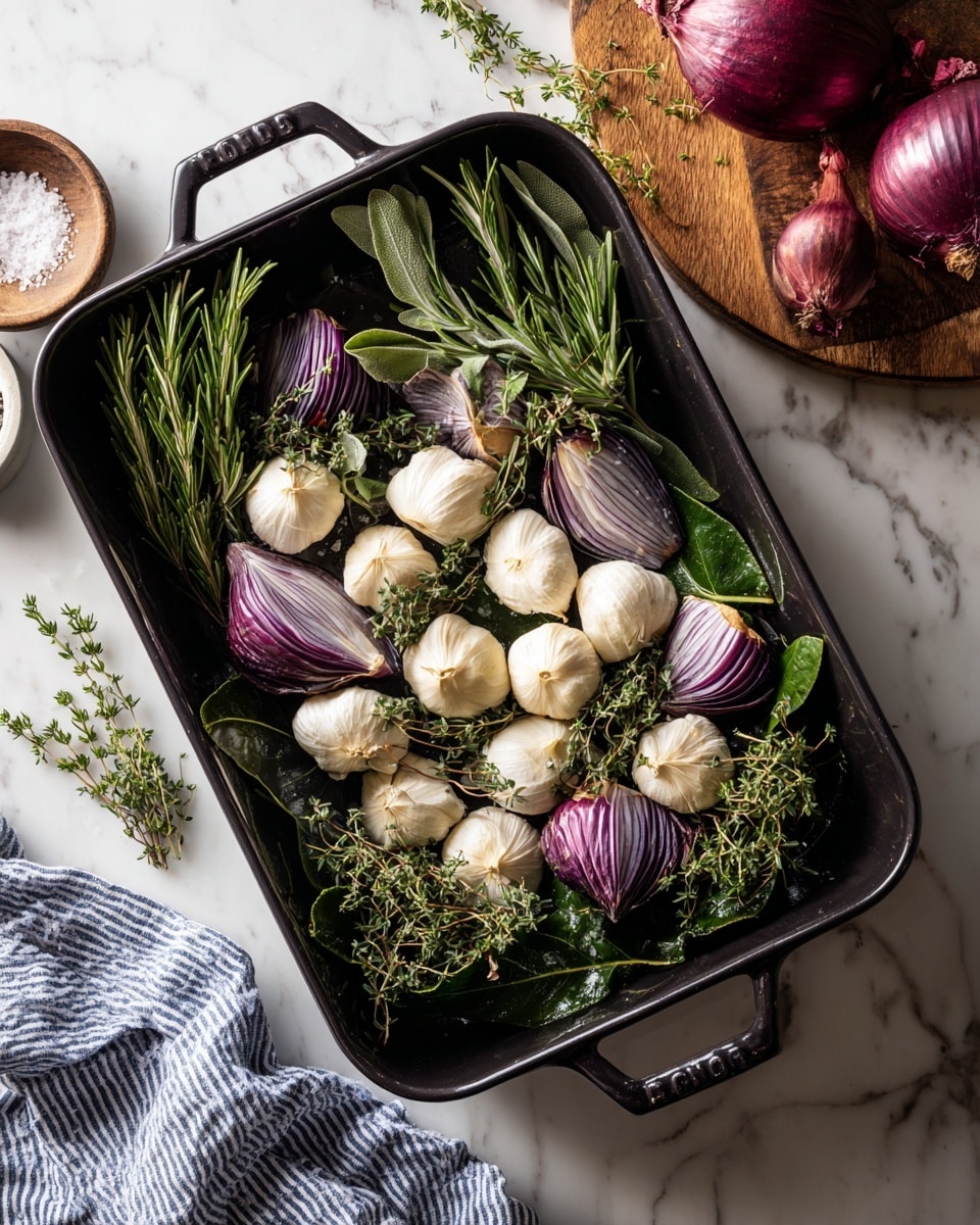 A black roasting pan sits centered on a white marbled surface, holding a small arrangement of vegetable and herb layers. The bottom layer is made of dark green leaves, on top of which rest halved garlic bulbs showing creamy white cloves. Surrounding the garlic are thick wedges of purple and white onion, their smooth, glossy texture visible. Fresh green sprigs of rosemary and thyme with fine leaves and tiny flowers cover the garlic and onion pieces, adding a vibrant and natural look. Nearby, a round wooden board holds red onions and garlic bulbs, and a small bowl of coarse salt is partially visible on the left edge. A folded blue and white striped cloth is placed near the lower right corner. photo taken with an iphone --ar 4:5 --v 7
