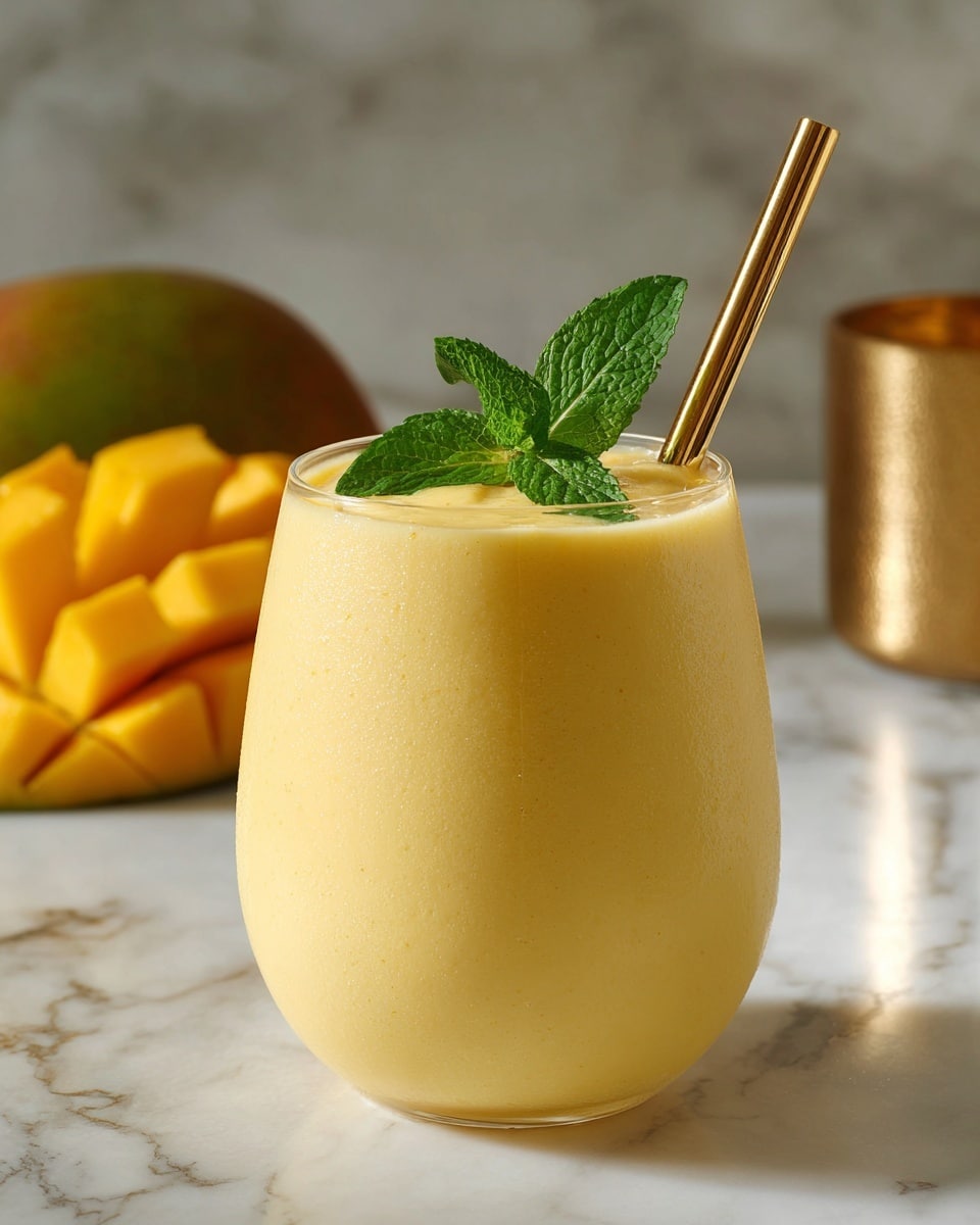 A clear round glass filled with a smooth, thick pale yellow mango smoothie takes the center. The drink shows tiny dots of texture, topped with two fresh green mint leaves near the edge. A shiny gold metal straw stands upright in the middle of the glass. In the blurred background, there is a sliced mango with bright yellow-orange flesh and a small, white-rimmed gold container on a white marbled surface. Photo taken with an iphone --ar 4:5 --v 7