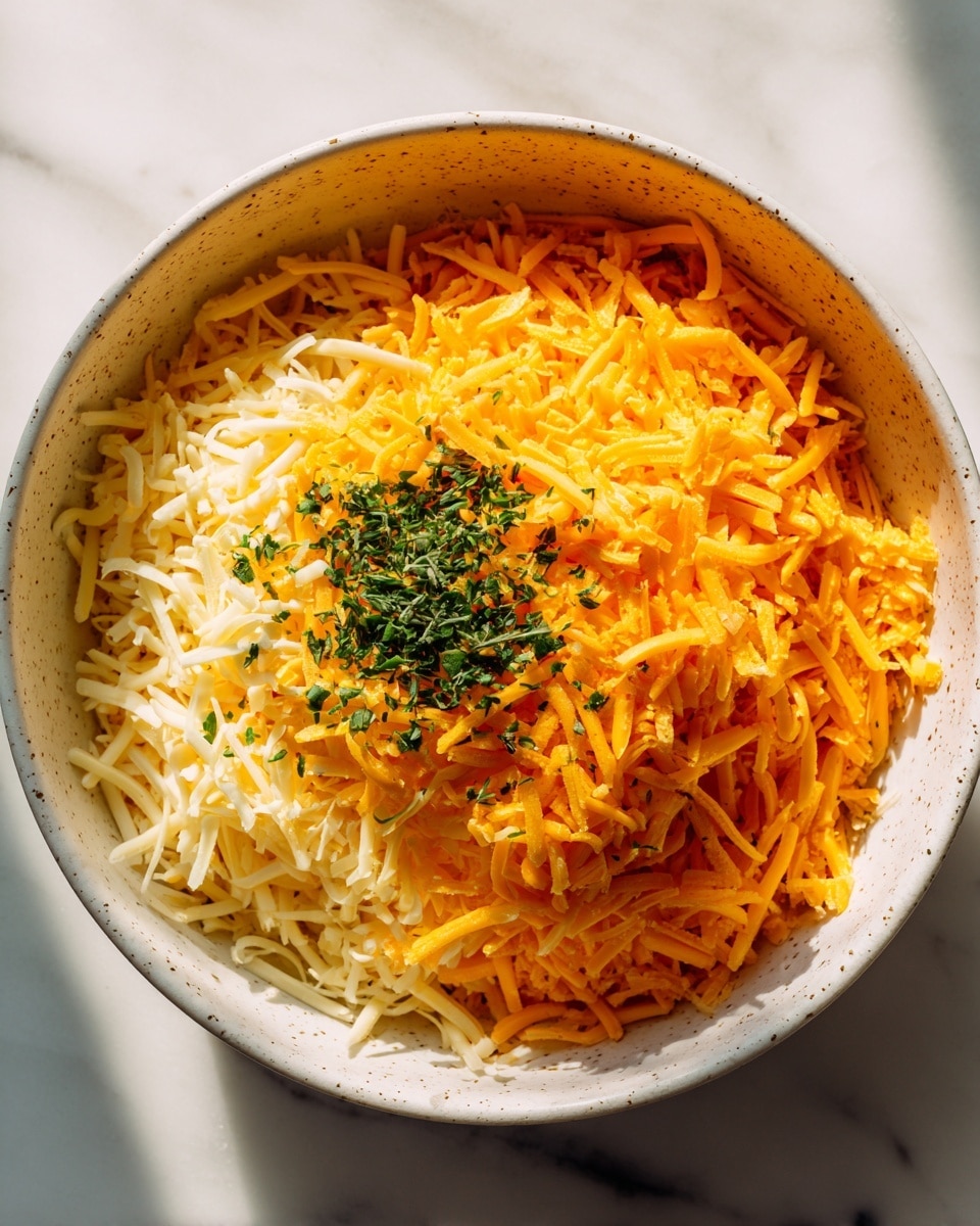 A large white bowl with yellow speckles is filled with shredded cheese layers. The bottom layer appears to be lighter colored cheese, topped with a thicker layer of bright orange cheese shreds. On top of these layers, there is a small sprinkle of chopped green herbs adding a touch of color. The bowl sits on a white marbled surface, with sunlight casting soft shadows and highlighting the textures of the cheese. Photo taken with an iphone --ar 4:5 --v 7