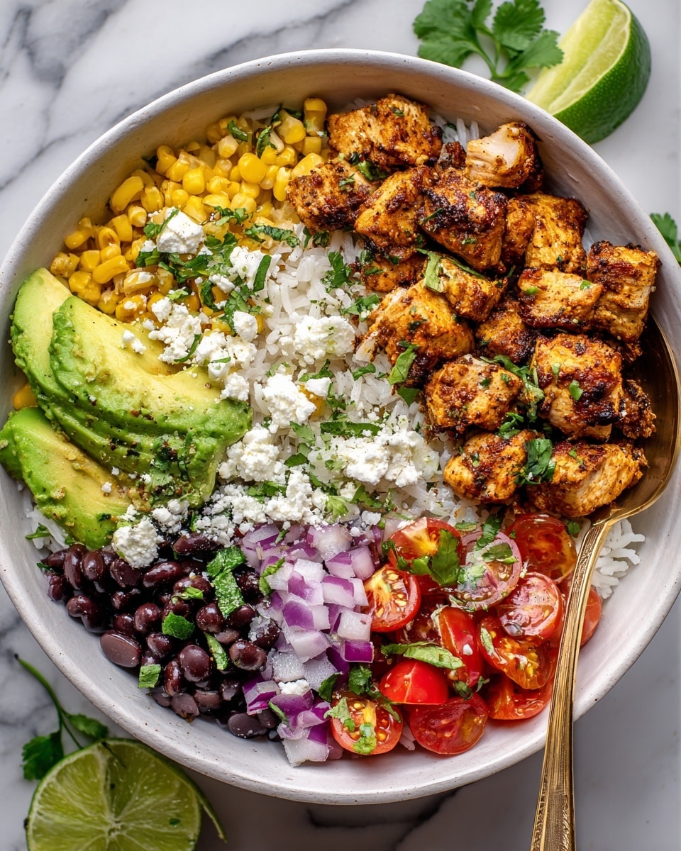 In a white bowl, the bottom layer is white rice. On top of the rice, there are layers of black beans mixed with yellow corn and small pieces of purple onion on one side. Next to that are bright green avocado chunks, some cut in half and some in cubes. Cherry tomato halves with a shiny red color sit next to the avocado. Orange-colored pieces of cooked chicken with seasoning are spread on top, garnished with crumbled white cheese and chopped green cilantro leaves. The bowl is placed on a white marbled surface, with a wooden board holding lime halves and a cream-colored small bowl in the background. photo taken with an iphone --ar 4:5 --v 7