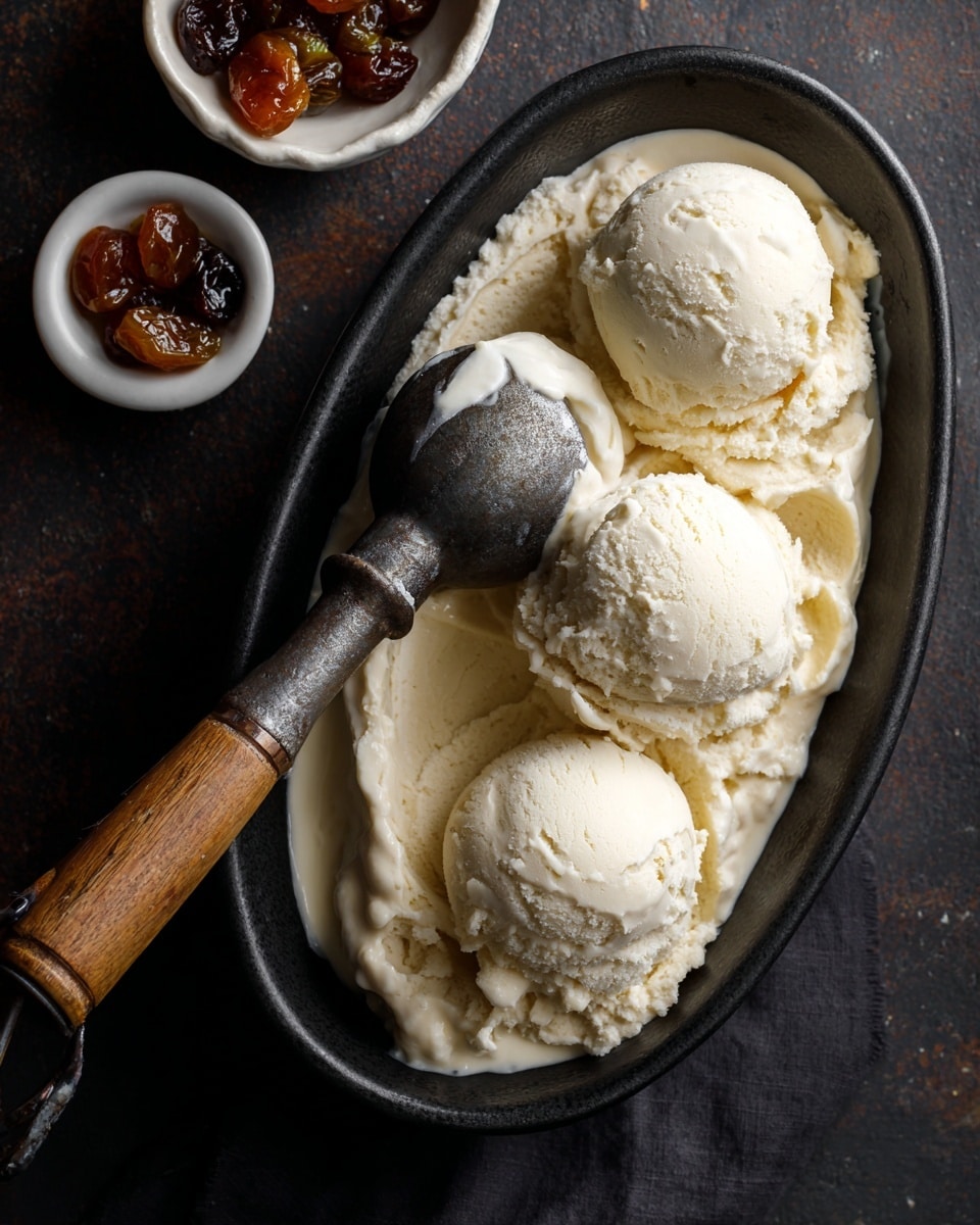 A black oval dish filled with creamy, pale beige ice cream having a smooth, slightly textured surface with three round scoops placed on top, one scoop held by a vintage metal ice cream scooper with a wooden handle resting diagonally on the dish; in the upper left corner, a small white bowl contains several small brown fruit pieces in a syrup. The background is a dark, textured surface. photo taken with an iphone --ar 4:5 --v 7