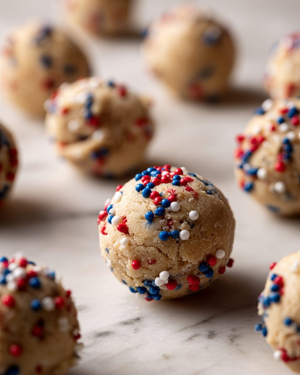 The image shows several round cookie dough balls placed on a white marbled surface. Each dough ball is beige in color with a rough and crumbly texture, covered evenly with small round sprinkles in red, blue, and white. The dough balls are arranged in a scattered pattern, with one dough ball in sharp focus in the center foreground, while the others appear blurred in the background. The lighting is soft and natural, highlighting the colors of the sprinkles and the texture of the cookie dough. photo taken with an iphone --ar 4:5 --v 7