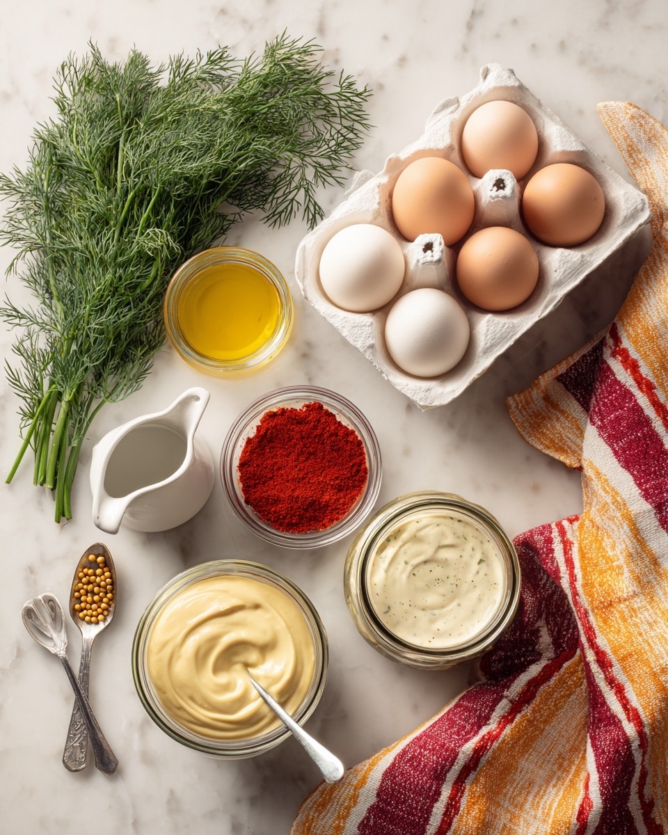 The image shows several ingredients arranged on a white marbled surface. In the top right corner, there is a white egg carton holding six light brown eggs. To the left, a bunch of fresh green dill lies next to a clear glass bowl. Below the dill, a small white pitcher contains light yellow oil. Next to it, a small clear bowl is full of bright red paprika powder. Below that, a jar of pale yellow mayonnaise is open, and a silver spoon with two small mustard seeds on it rests beside the jar. On the right, there is a jar of creamy white sauce with a yellow spoon inside, and a small bottle of hot sauce sits nearby. A striped cloth with red, orange, and yellow hues is draped in the upper right corner. photo taken with an iphone --ar 4:5 --v 7