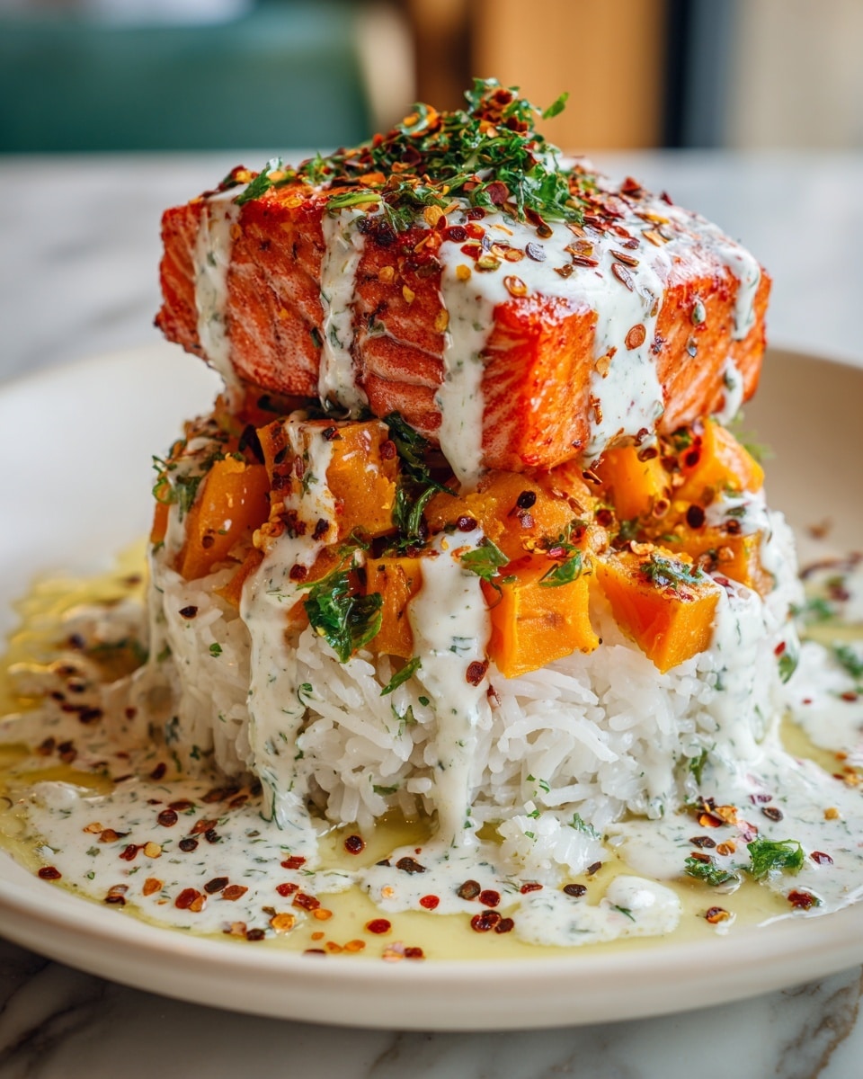 The dish shows three main layers on a white plate with a white marbled surface underneath: the bottom layer is fluffy, white rice with scattered green herbs; above that is a layer of bright orange roasted sweet potato pieces with bits of fresh green herbs; the top layer is a thick, red-orange piece of cooked salmon covered in white creamy sauce drizzles and sprinkled with dark red chili flakes, all close in a warm, cozy setting. Photo taken with an iphone --ar 4:5 --v 7