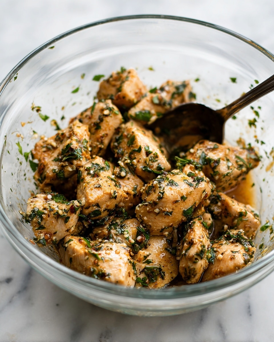 The image shows several pieces of light brown marinated chicken chunks inside a clear glass bowl. The chicken pieces are coated in a mix of herbs and spices, with visible green parsley leaves scattered throughout. A dark spoon is resting inside the bowl, partly submerged in the marinade. The bowl is placed on a white marbled surface, giving a clean and fresh background. The chicken looks moist with a slight shine from the marinade, highlighting the texture of the pieces. photo taken with an iphone --ar 4:5 --v 7