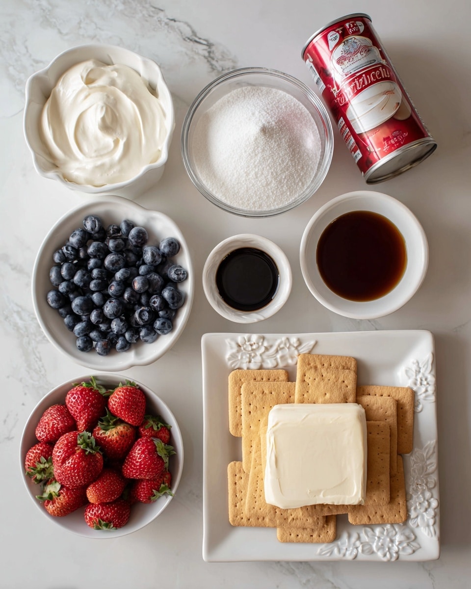 The image shows eight white dishes arranged on a white marbled surface, each holding a single ingredient for a dessert. Starting from the top left, there is a small white bowl with thick white heavy cream showing a smooth texture. Next to it on the right is a red and white can of whipped cream standing upright. Below the heavy cream, a small round white bowl holds fluffy white sugar. To the right of the sugar bowl, a small white cup contains dark brown vanilla liquid. Below the vanilla, a large white plate decorated with a flower border holds soft cream cheese in a solid shape with a smooth surface. In the bottom center, a square white plate piled with rectangular light brown graham crackers shows their crumbly texture clearly. To the left of the crackers, two white bowls filled with fresh berries: one filled with bright red strawberries, the other with dark blue blueberries, both showing their natural textures with stems on the strawberries. All items are spaced neatly, and the clean white marbled background enhances the freshness of the ingredients. Photo taken with an iphone --ar 4:5 --v 7