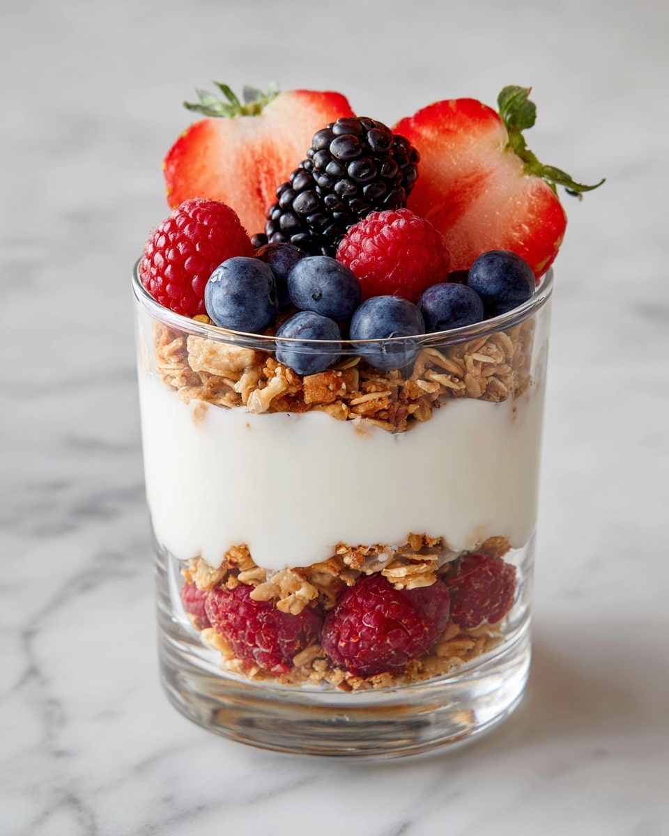 A clear glass holds a layered parfait with five visible layers starting from the bottom: fresh raspberries mixed with granola, a thick layer of white yogurt, a layer of granola topped with blueberries and sliced strawberries standing upright, followed by another thin layer of white yogurt, and finally topped with a mix of blackberries, raspberries, blueberries, and a sliced strawberry. The glass is placed on a white marbled texture surface. photo taken with an iphone --ar 4:5 --v 7