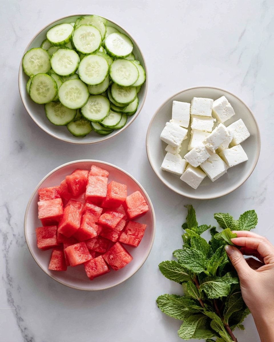 The image shows four white plates on a white marbled surface. The top left plate is filled with many slices of light green cucumbers, each slice showing seeds in the middle. The top right plate holds several white, soft feta cheese cubes arranged neatly. The bottom left plate is filled with bright red watermelon cubes, juicy with some white parts near the rind visible. On the right side, there is a small bunch of fresh green mint leaves with visible veins and texture. A woman's thumb and fingers are gently holding part of the mint leaves. photo taken with an iphone --ar 4:5 --v 7