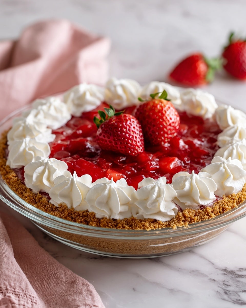 A round pie with three visible layers: the bottom layer is a thick, golden-brown crumb crust pressed against the sides of a clear glass pie dish, the middle layer is a vibrant red mixture of chunky strawberry filling with two whole strawberries on top, and the top layer is a ring of white whipped cream dollops evenly spaced around the edge of the strawberry filling, all placed on a white marbled surface with a pale pink cloth nearby; photo taken with an iphone --ar 4:5 --v 7
