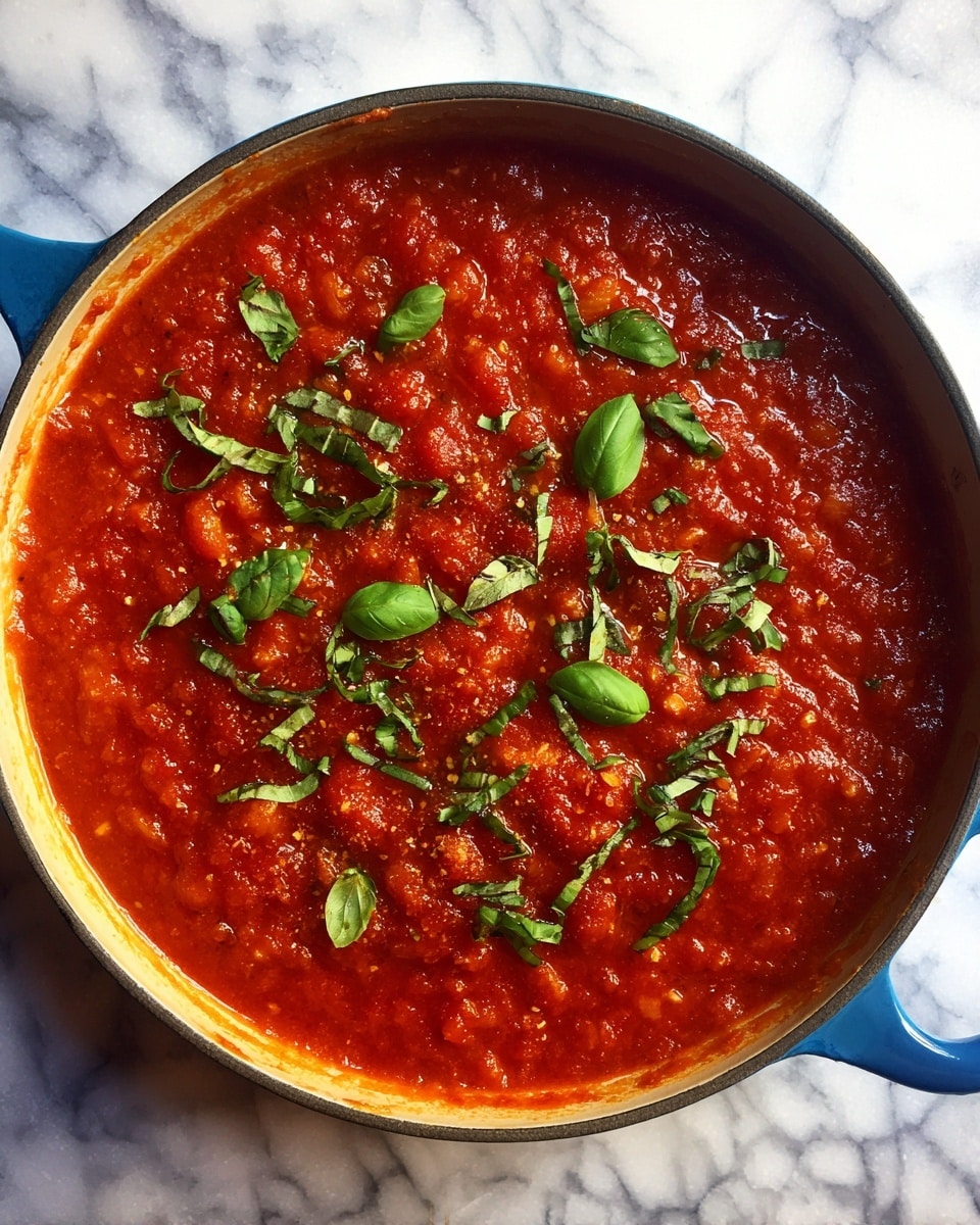 A blue pan filled with thick red tomato sauce that has a smooth and slightly chunky texture. On top, there are small fresh green basil leaves scattered evenly, adding a bright color contrast. The red sauce fills the pan nearly to the edge, showing some slight bubbling and a shiny surface. The pan is placed on a white marbled surface. photo taken with an iphone --ar 4:5 --v 7