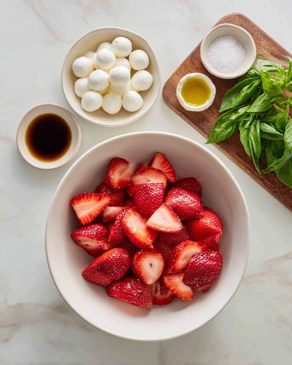 The image shows a top view of a white bowl filled with sliced red strawberries, each piece glossy and fresh. Below and left of the bowl, there is a white bowl with small white mozzarella balls, smooth and round. To the upper left, there are three small round dishes on a white marbled surface: one with coarse salt, one with golden olive oil, and one with dark brown balsamic vinegar. On the bottom right, there is a wooden board with fresh green basil leaves, bright and vibrant. The colors are clean and natural, setting a fresh and light mood. photo taken with an iphone --ar 4:5 --v 7
