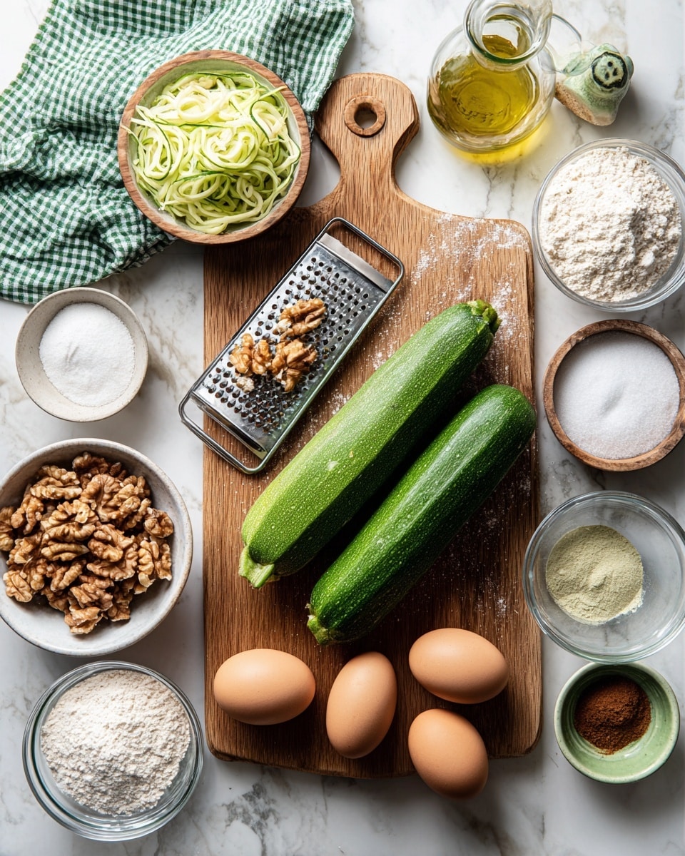 The image shows a wooden cutting board on a white marbled surface with various ingredients arranged around. On the board, there are two whole zucchinis, one partially grated with shredded zucchini next to a metal grater. A small cup of chopped walnuts sits nearby. Three brown eggs are placed in a white bowl. Around the board are clear bowls filled with white granulated sugar, cinnamon powder, salt, and flour. A small green dish holds some baking powder, and a clear bottle of oil is also visible. A green and white checkered cloth is partially on the upper side of the board. photo taken with an iphone --ar 4:5 --v 7