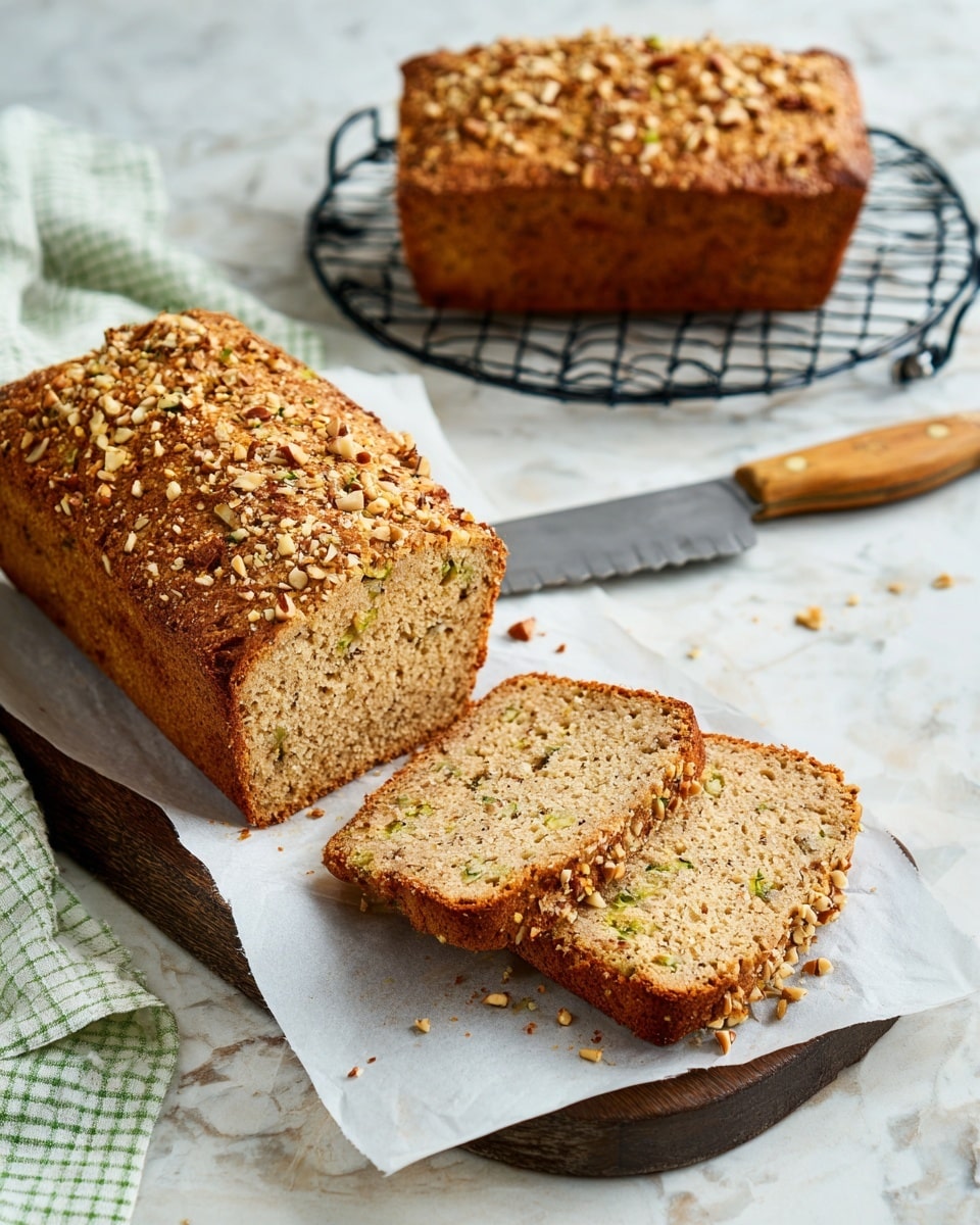 The image shows two loaves of nut-topped zucchini bread placed on a parchment-lined wooden board on a white marbled surface. One loaf is whole, positioned in the background on a black wire rack, while the other is sliced in the front, showing three layers: the top nut-covered crust is rough and golden brown with pieces of chopped walnuts, the middle layer is a soft, light brown bread with visible green zucchini bits and scattered nuts, and the bottom layer is the base of the loaf matching the crust color. A serrated knife with a white handle lies next to the sliced bread. A green and white checked cloth is folded to the side. photo taken with an iphone --ar 4:5 --v 7