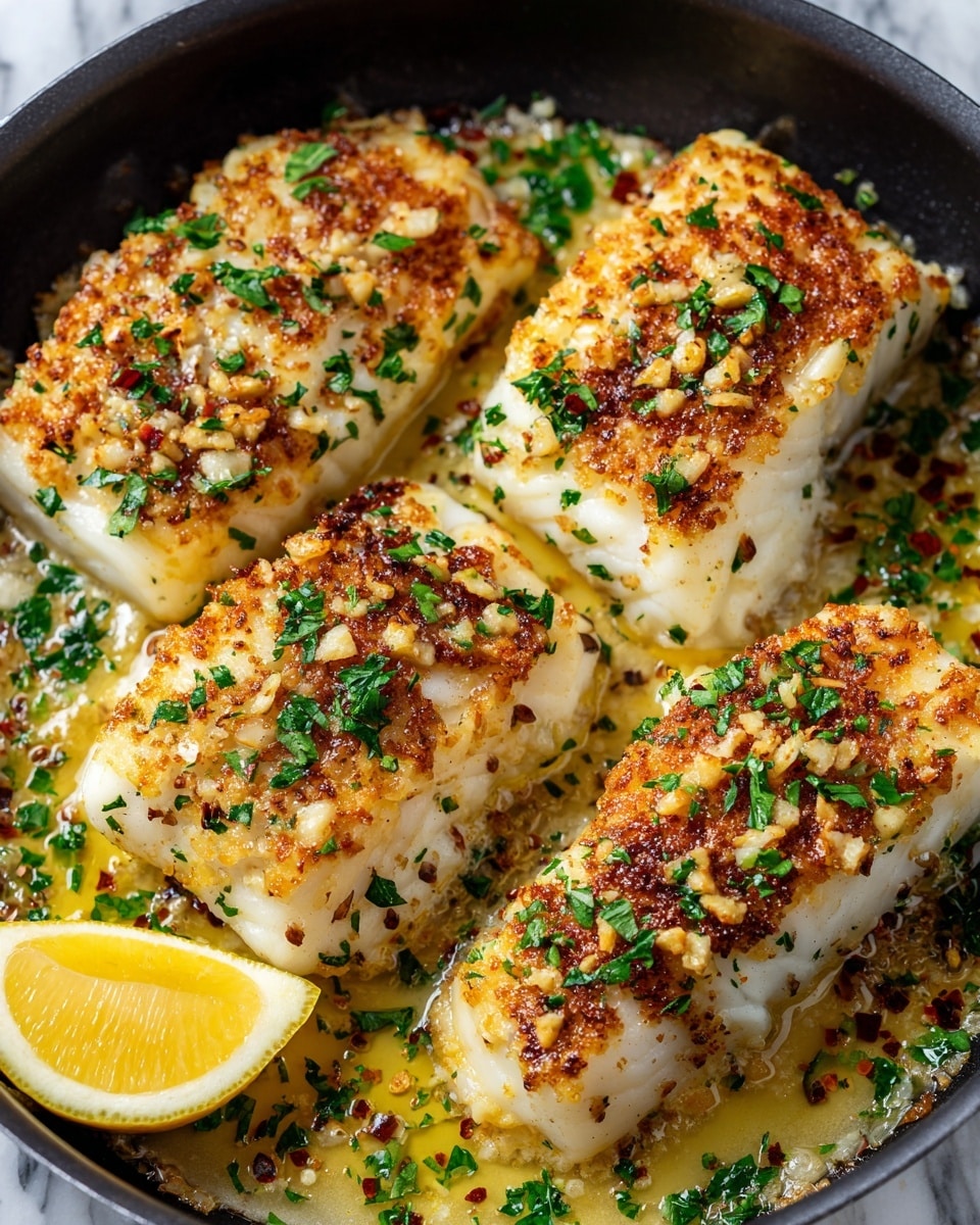 The image shows a close-up of four golden-brown cooked fish fillets arranged in a black pan. Each fillet has a crispy, slightly browned surface with a textured layer of melted cheese and small bits of garlic on top. The fish fillets are garnished with chopped fresh green herbs scattered evenly across the dish. There is a glossy, oily sauce around the fillets with hints of small red pepper flakes and herbs mixed in. A bright yellow lemon half is placed in the bottom left corner inside the pan. The background surface is a white marbled texture photo taken with an iphone --ar 4:5 --v 7