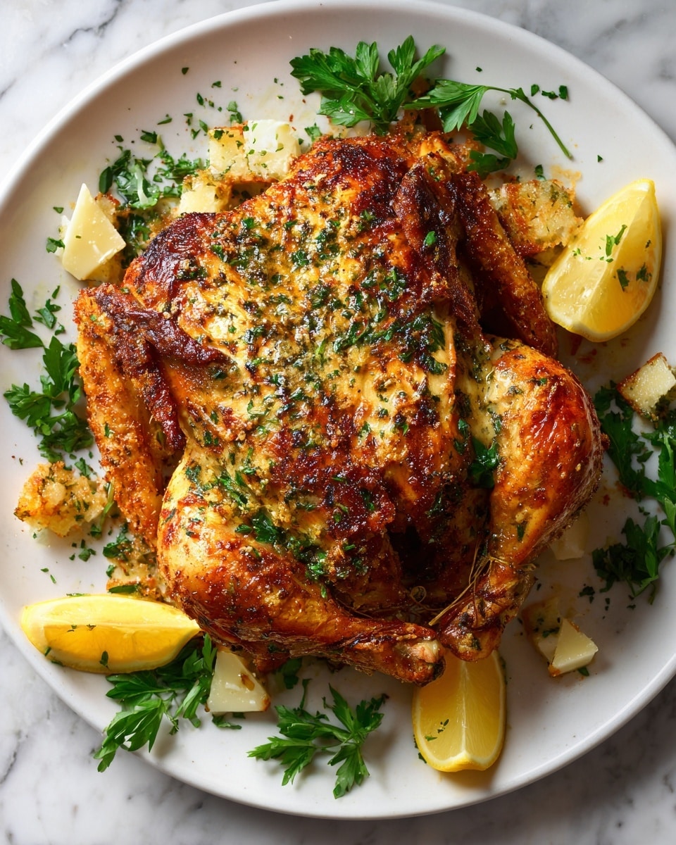 A whole roasted chicken with a golden brown, crispy skin covered in specks of herbs sits centered on a white plate. Around the chicken, there are scattered white chunks of cheese, bright green fresh parsley leaves, and wedges of yellow lemon. The plate rests on a white marbled surface. photo taken with an iphone --ar 4:5 --v 7