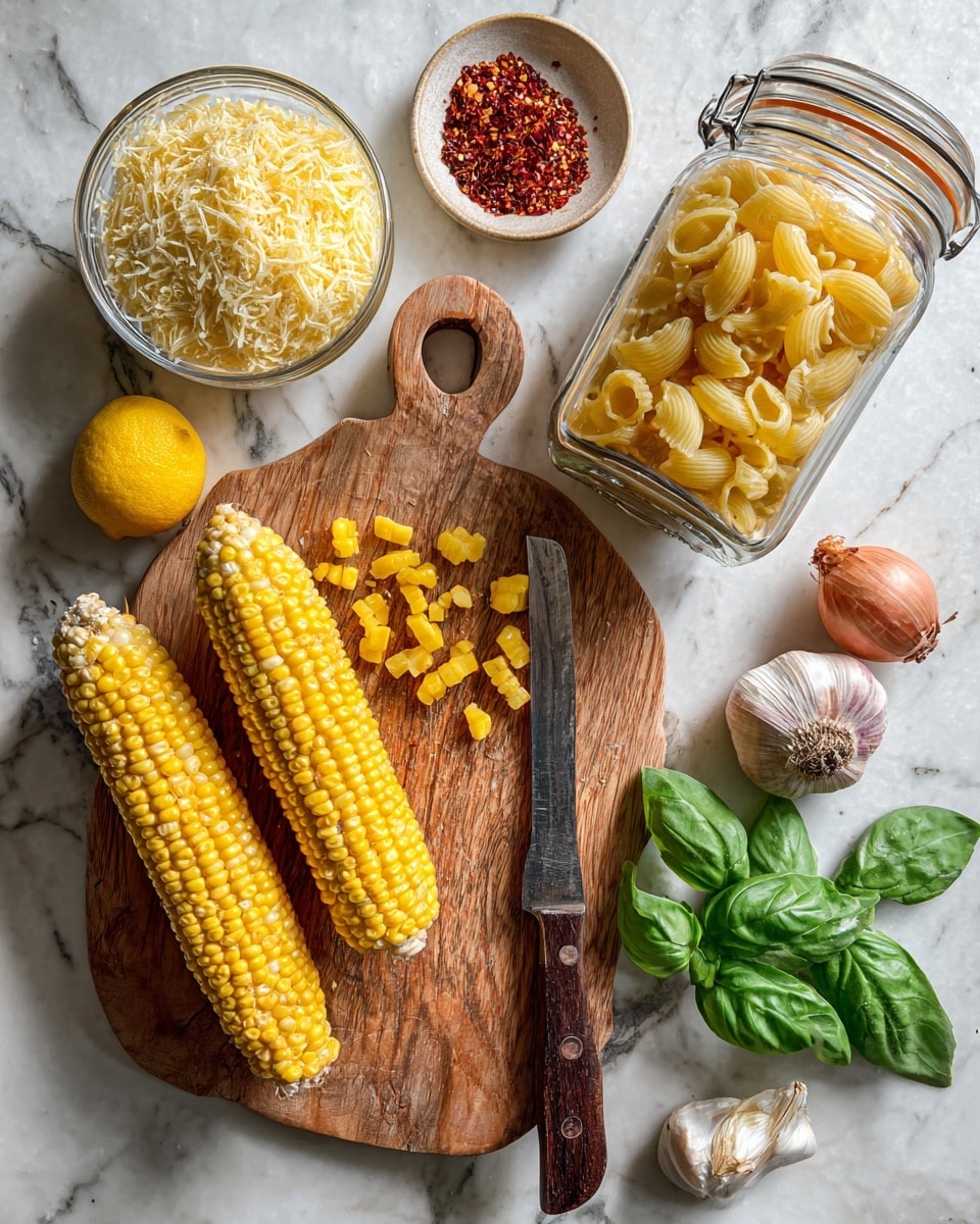 The image shows a wooden cutting board placed on a white marbled surface, with three ears of corn at the bottom, one partially cut into small pieces arranged on the board near a knife with a dark wood handle; to the right of the board is a garlic bulb with several cloves around it, above the board is a small white bowl filled with red chili flakes, next to it is a glass bowl full of grated cheese, above and right is a glass jar filled with yellow shell pasta, topped with a glass lid holding a whole yellow lemon; also on the white marbled surface are two shallots and a small bunch of fresh green basil leaves, photo taken with an iphone --ar 4:5 --v 7