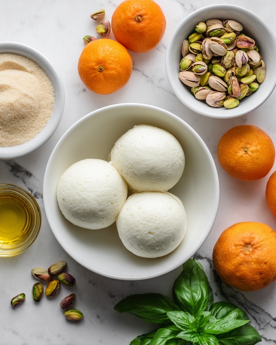 A white bowl filled with three smooth, white round cheese balls sits at the bottom center of the image. To the right of the bowl is a small bunch of fresh green basil leaves, laying on a white marbled surface. Above them is a bowl filled with a handful of pistachio nuts. To the top right, there are several orange sweet potatoes with rough skin, scattered on the surface. On the top left, there is a white bowl of brown sugar, next to two bright orange oranges. A small transparent glass container with golden olive oil is placed near the oranges. The whole setup is spread out on a white marbled surface. Photo taken with an iphone --ar 4:5 --v 7