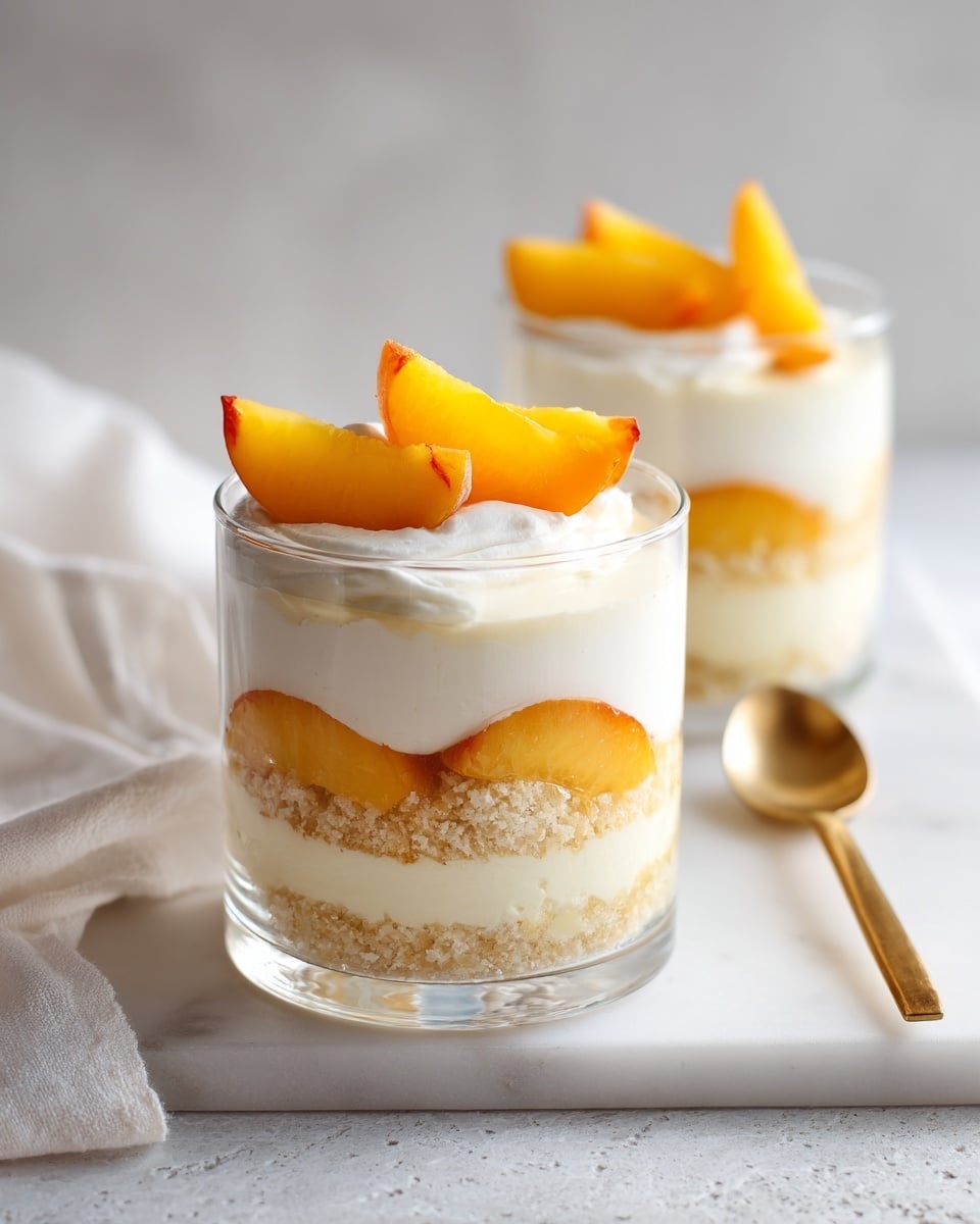 A clear glass cup shows four visible layers: at the bottom, a crumbly pale layer, above it a creamy off-white thick layer, followed by thin slices of bright orange-yellow peach, then another smooth creamy layer, topped with two sliced peach pieces arranged on a swirl of creamy white. A golden spoon is placed inside the glass, resting on the creamy layer. The background is a white marbled texture with a soft white cloth partly covering the surface. A second glass cup with the same dessert is blurred in the background. photo taken with an iphone --ar 4:5 --v 7