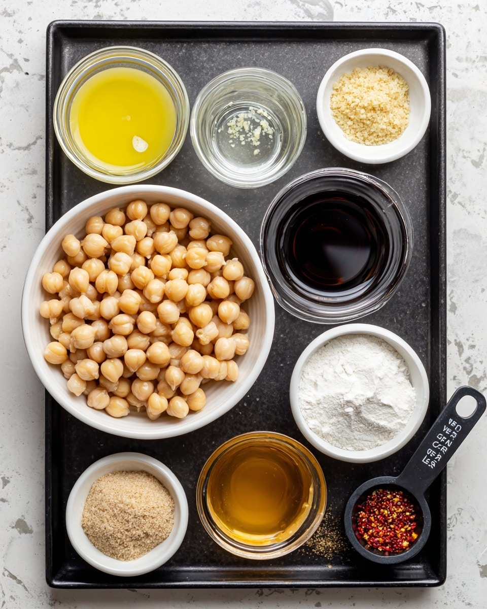 A black tray on a white marbled background holds small white bowls and containers arranged neatly. In the bottom left is a large white bowl filled with round, light beige chickpeas. Around it are smaller bowls: top left with light yellow oil, middle left with crushed pale garlic, bottom left with amber sesame oil, center with dark brown soy sauce, next to it a small glass with clear rice vinegar, a small white bowl on the right with white tapioca starch, a tiny glass bowl with light beige ginger powder beside it, and a black measuring spoon with red pepper flakes near the bottom right. Above the soy sauce is a small white container with light yellow veggie broth, and next to sesame oil is a small clear bowl of golden maple syrup. All items are clearly labeled. Photo taken with an iphone --ar 4:5 --v 7