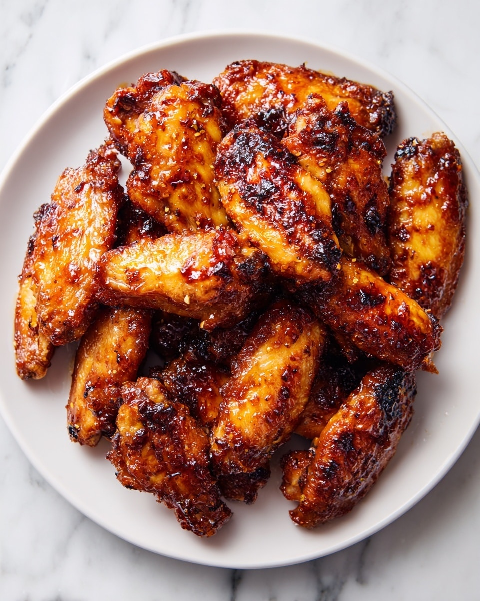 A round white plate filled with about fifteen crispy chicken wings arranged closely together, each wing coated in a sticky, dark golden-brown sauce with visible granules of seasoning and a slightly charred texture giving a shiny, rich look; the wings show both drum and flat shapes and are piled in a way that covers the whole plate surface, which sits on a white marbled background. photo taken with an iphone --ar 4:5 --v 7