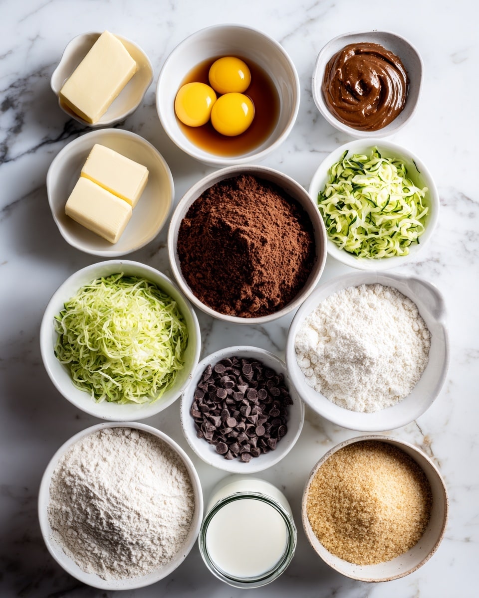 A tray holds 12 small white bowls and a stick of butter arranged neatly on a white marbled surface. Starting from the top left corner clockwise, a bowl with yellow eggs, a bowl with dark amber maple syrup, a bowl with smooth brown nut butter, a bowl filled with fine dark brown cocoa powder, a bowl with shredded green zucchini, a bowl containing white baking soda, powder, and salt, a bowl of pale almond flour, a bowl with small dark chocolate chips, a bowl with vanilla and vinegar dark liquid, a bowl with white oat flour, a bowl piled with golden brown sugar, and a small glass jar of white milk, plus a stick of butter on the left near the eggs. All items are spaced evenly giving a tidy and clear view of the ingredients. photo taken with an iphone --ar 4:5 --v 7