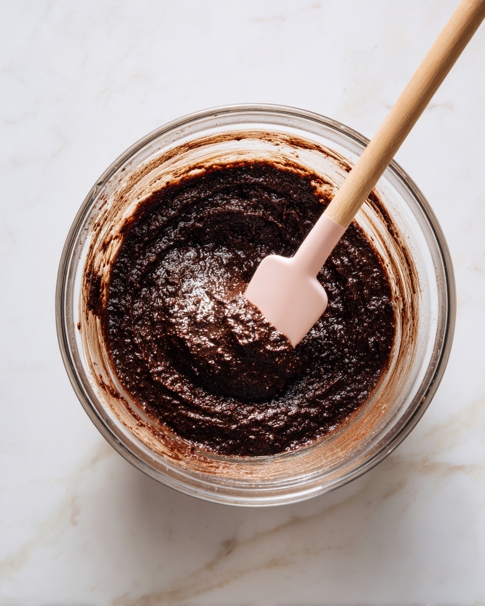 A clear glass bowl sits on a white marbled surface filled with thick, dark brown chocolate batter that has a rough texture with small bits mixed in. A light pink spatula is partially submerged in the batter, lifting some of it up, and both the spatula and bowl rim have smears of the chocolate mix. The scene is lit from above, highlighting the glossy and uneven surface of the batter, and the background remains a soft white marble. Photo taken with an iphone --ar 4:5 --v 7