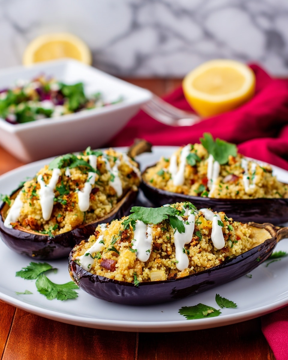 Three roasted eggplant halves with dark purple skins sit on a white plate placed on a wooden table. Each eggplant is filled with a crumbly, pale yellow couscous mixture dotted with chopped herbs and small pieces of vegetables. On top of the couscous filling, there is a drizzle of white sauce and fresh green cilantro leaves. In the background, there is a white square bowl with some salad and a bright red cloth napkin, and half a lemon is visible near the top left. The surface beneath the plate is changed to a white marbled texture. Photo taken with an iphone --ar 4:5 --v 7