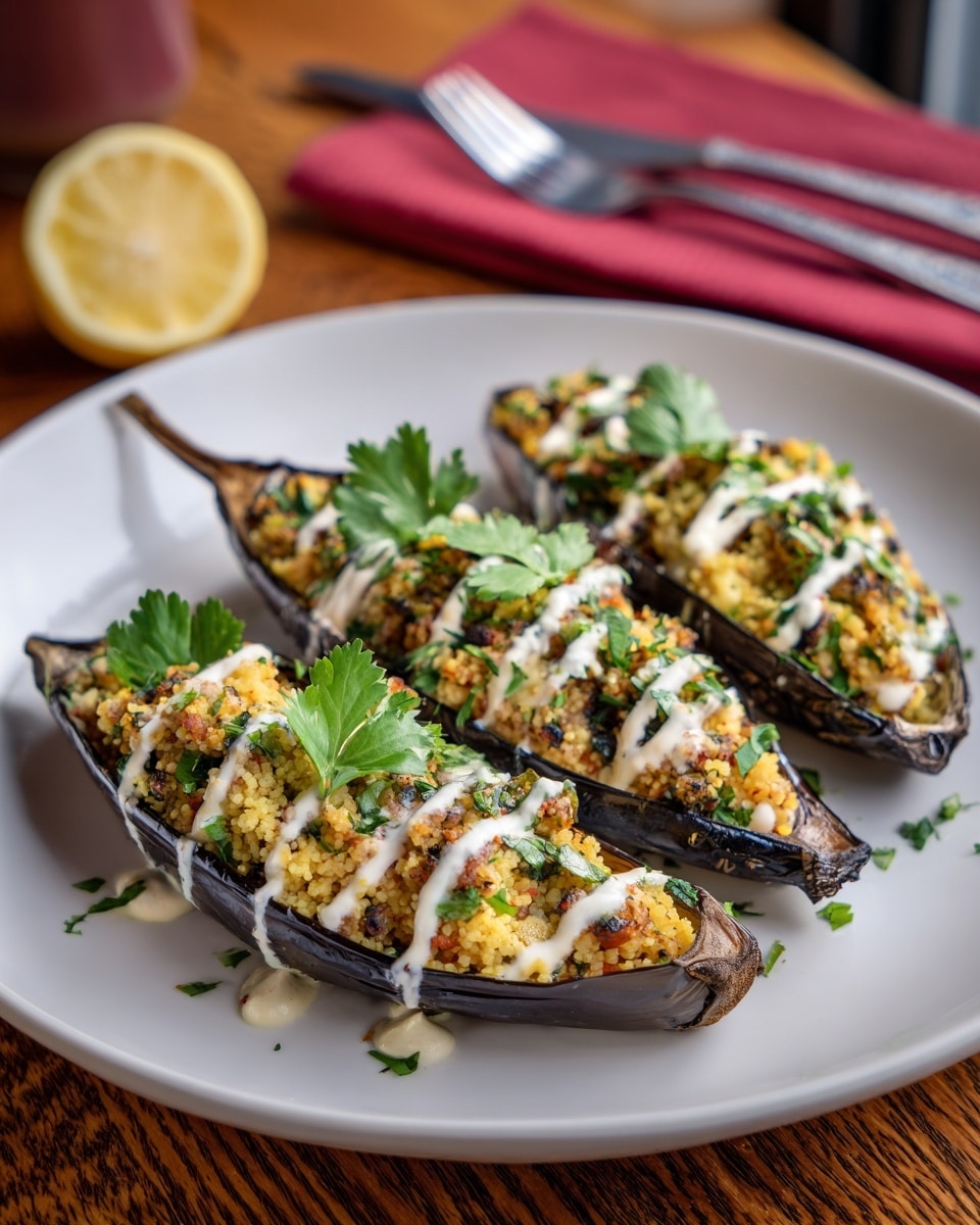 The dish shows three halved eggplants placed side by side on a white plate with a white marbled surface underneath. Each eggplant half is filled with a yellowish crumbly mixture made of small grain-like pieces, green herbs, and small chunks that look like vegetables or nuts. On top of this mixture, there is a white creamy sauce spread along the length of each eggplant. Fresh green leaves, likely cilantro, are scattered on top as garnish. In the background, a red cloth is folded, and a halved lemon and another filled eggplant rest on a dark tray. photo taken with an iphone --ar 4:5 --v 7